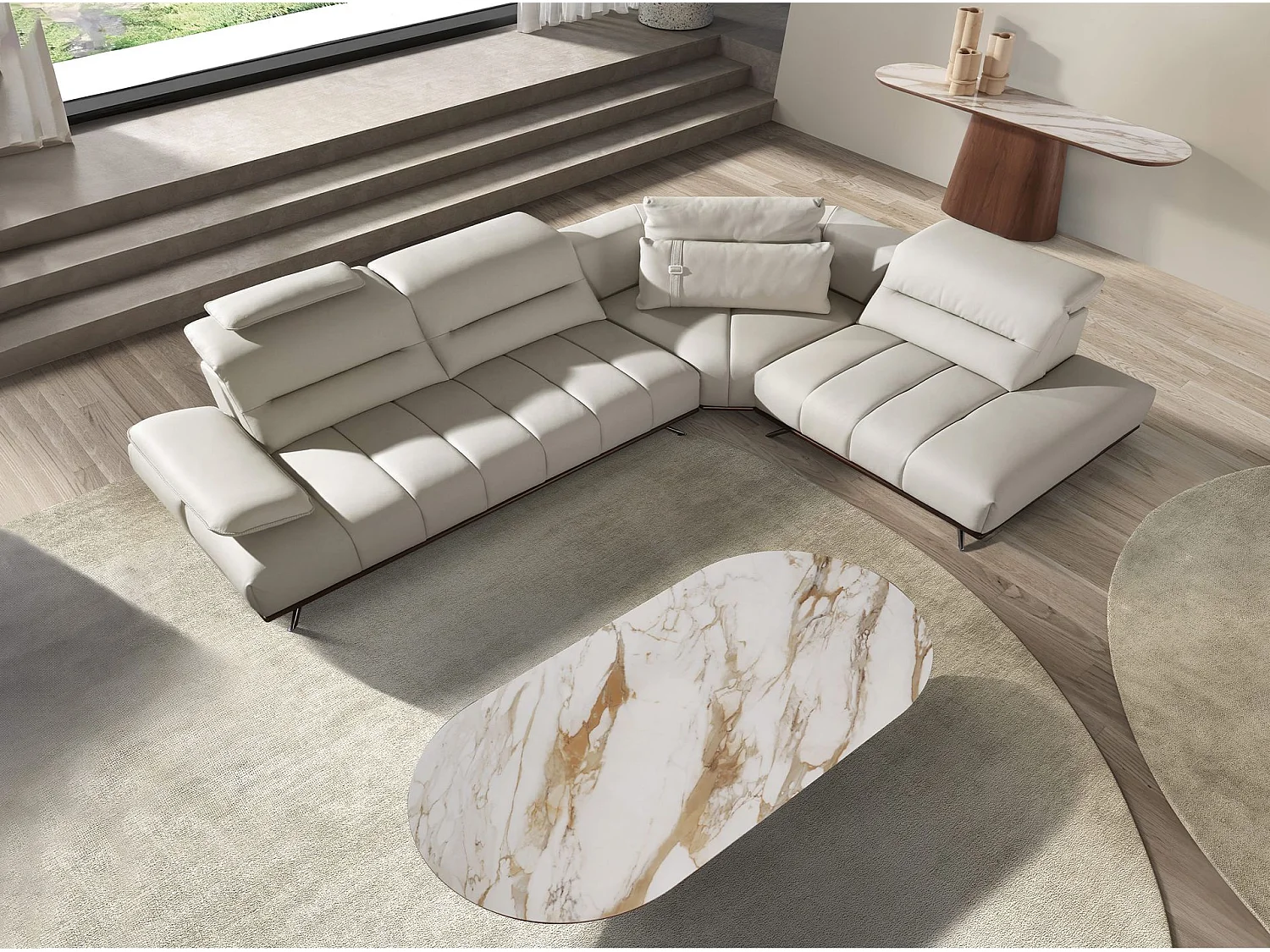 Right chaise longue sofa in light grey leather 6244 ANGEL CERDA