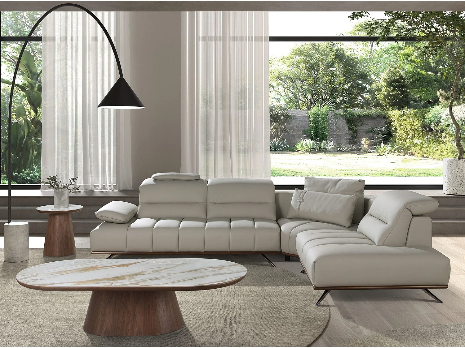 Right chaise longue sofa in light grey leather 6244 ANGEL CERDA