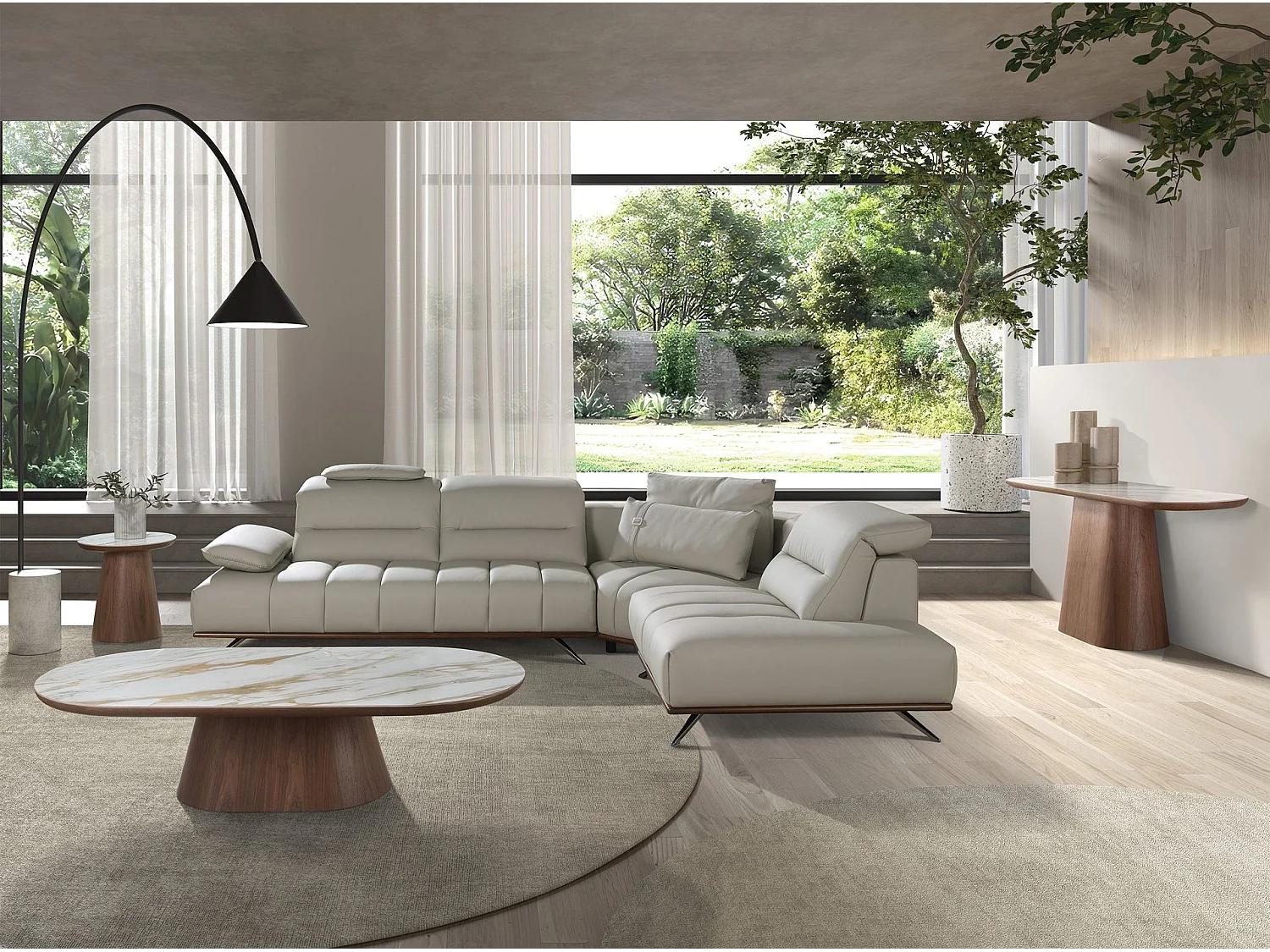 Right chaise longue sofa in light grey leather 6244 ANGEL CERDA