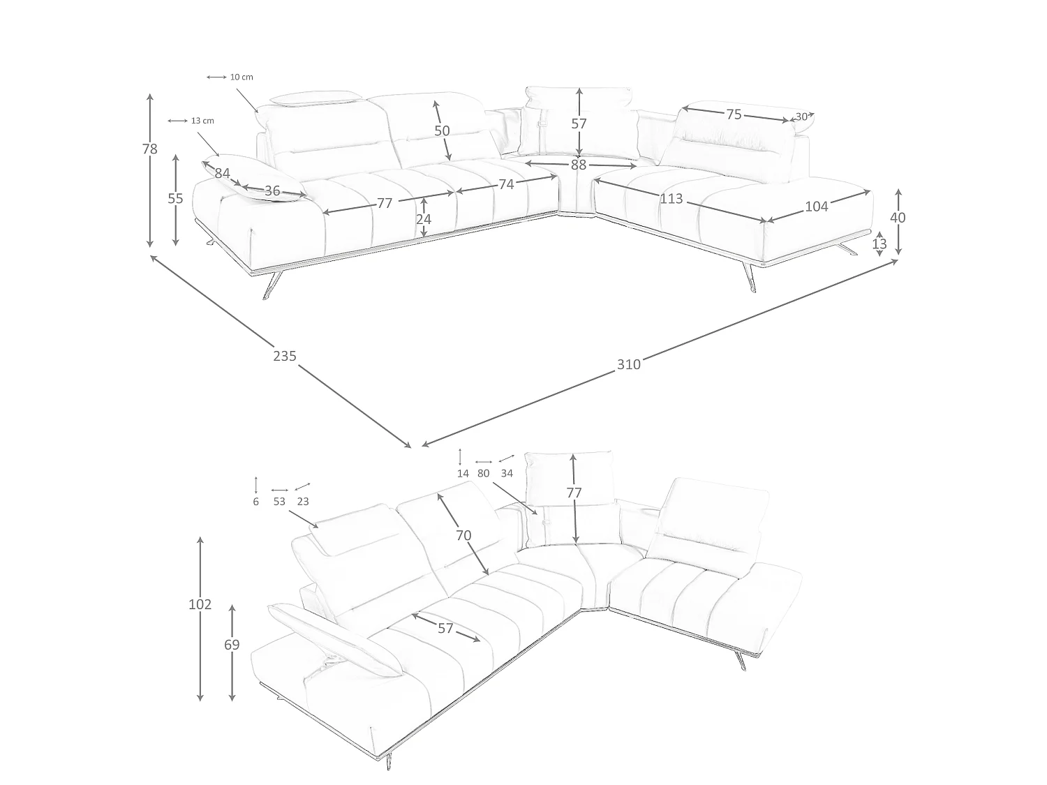 Rechtsseitiges Ecksofa aus hellgrauem Leder 6244 ANGEL CERDA