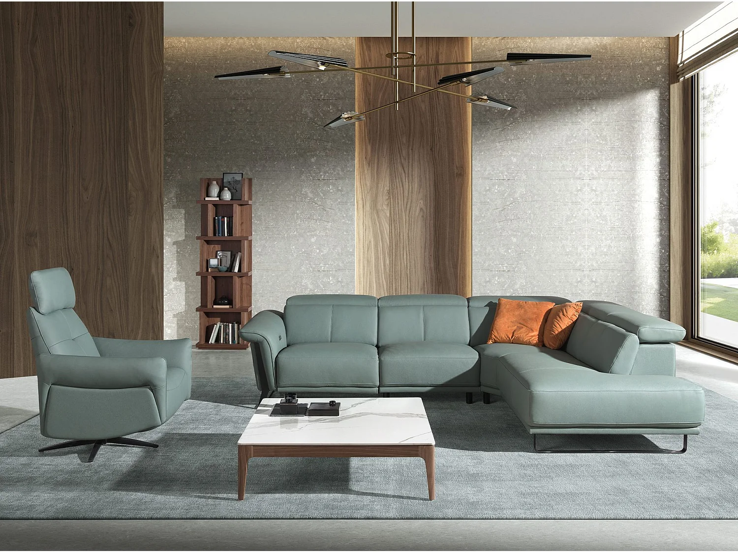 Canapé d'angle droit relax 5 places en cuir turquoise ANGEL