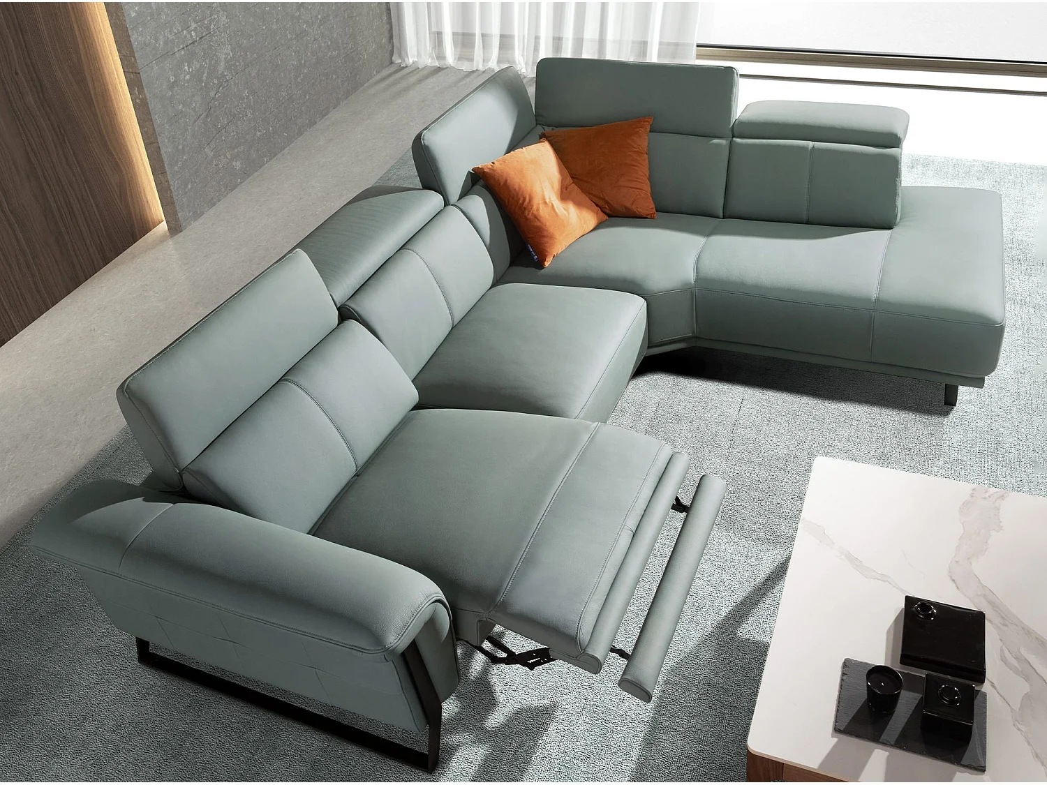 Canapé d'angle droit relax 5 places en cuir turquoise ANGEL
