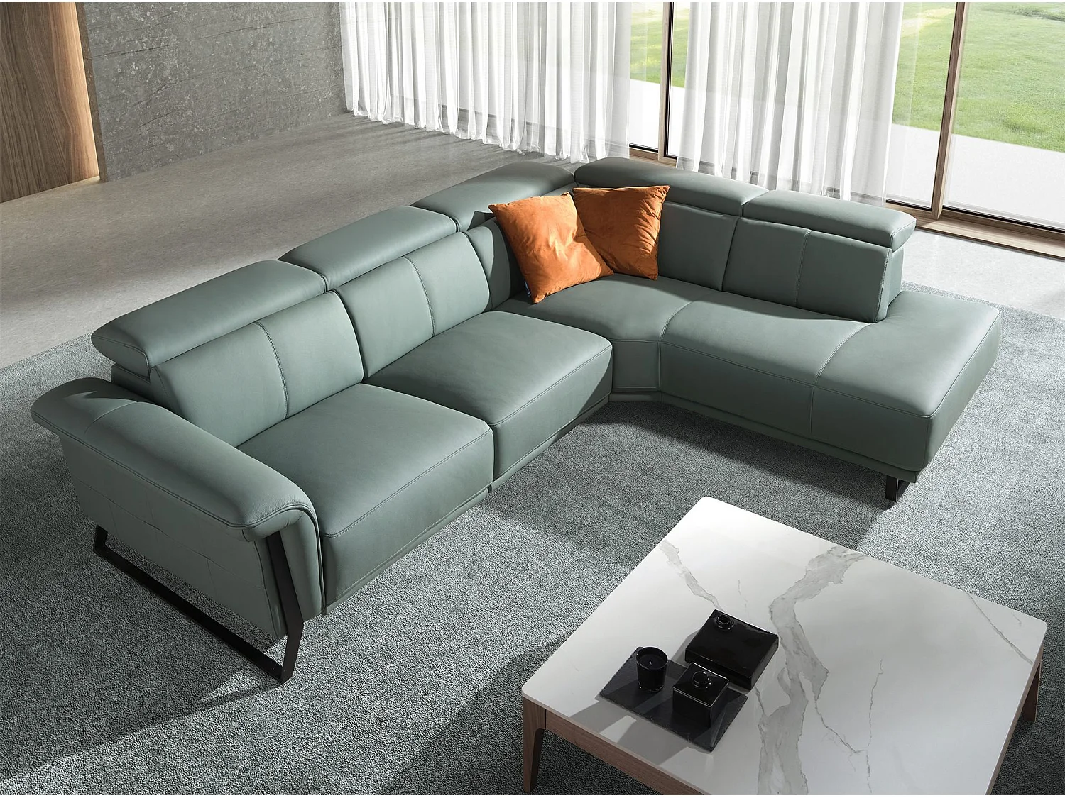 Canapé d'angle droit relax 5 places en cuir turquoise ANGEL