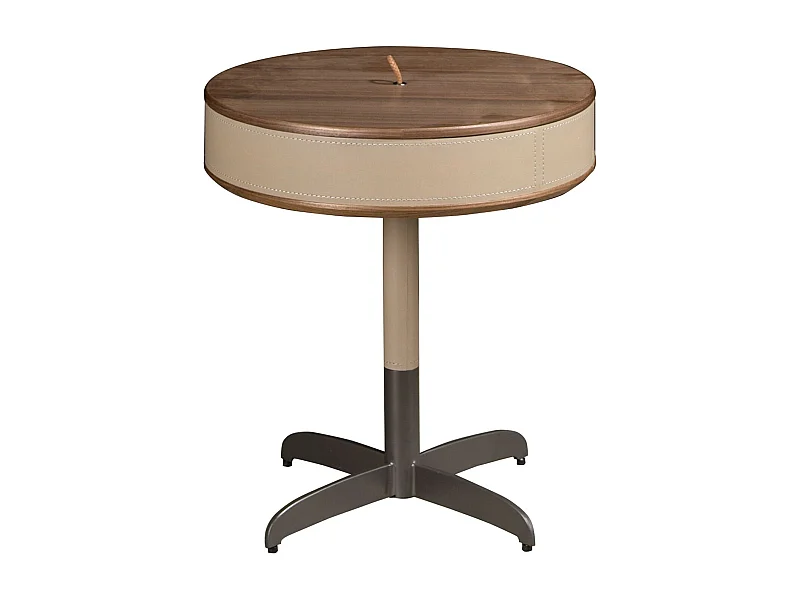 Okrągły stolik narożny skóra, orzech i szara stal