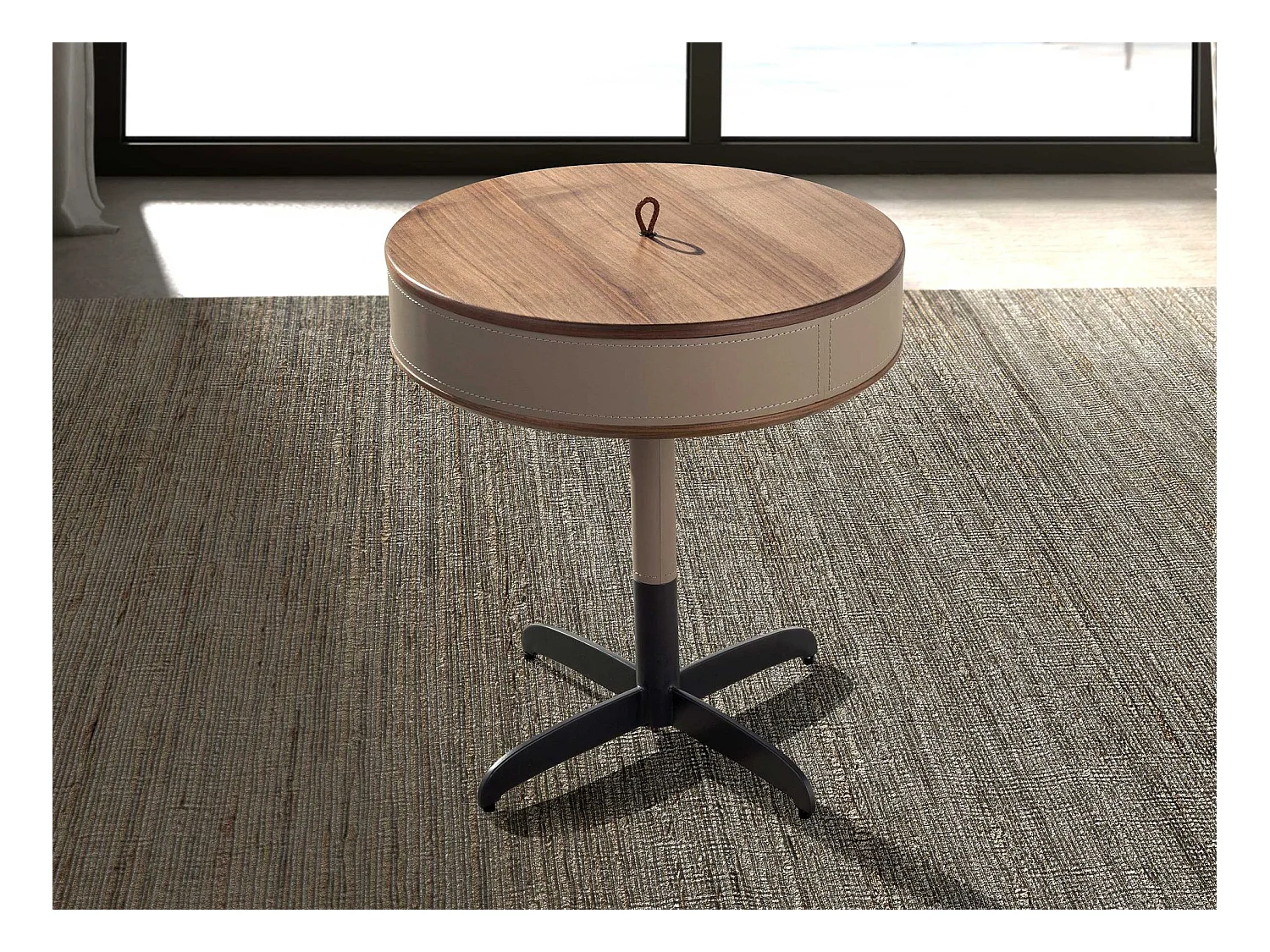 Runder Ecktisch Leder, Nussbaum und grauer Stahl 2156 ANGEL CERDA