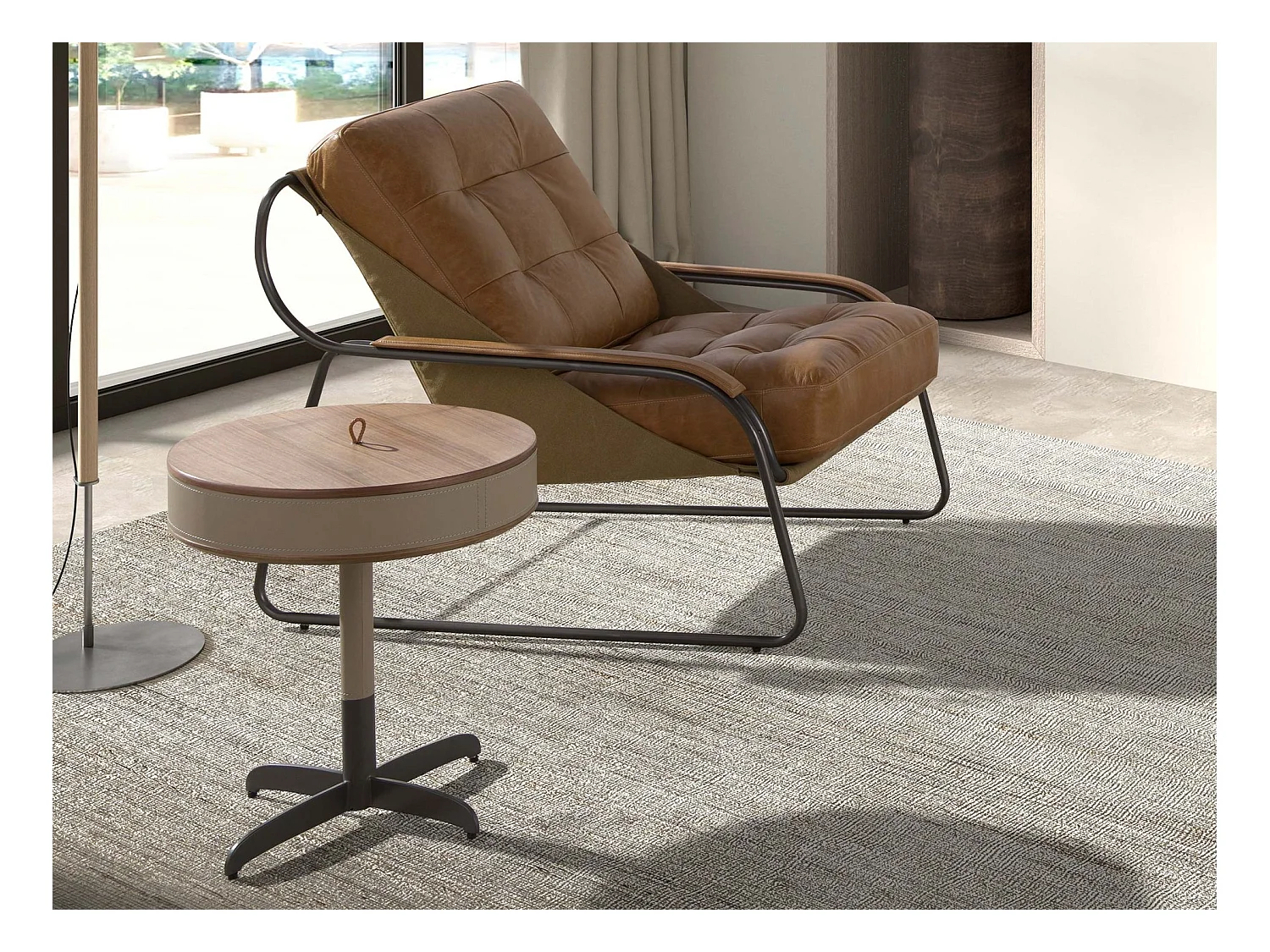 Runder Ecktisch Leder, Nussbaum und grauer Stahl 2156 ANGEL CERDA