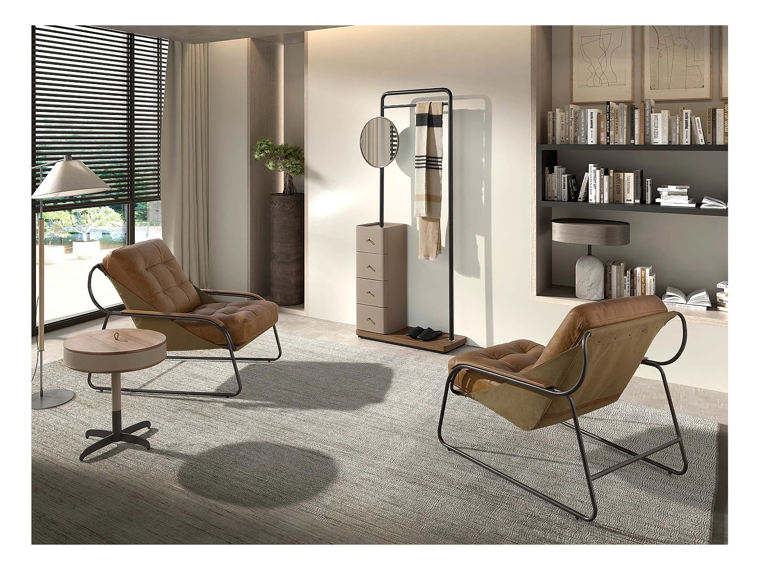 Runder Ecktisch Leder, Nussbaum und grauer Stahl 2156 ANGEL CERDA