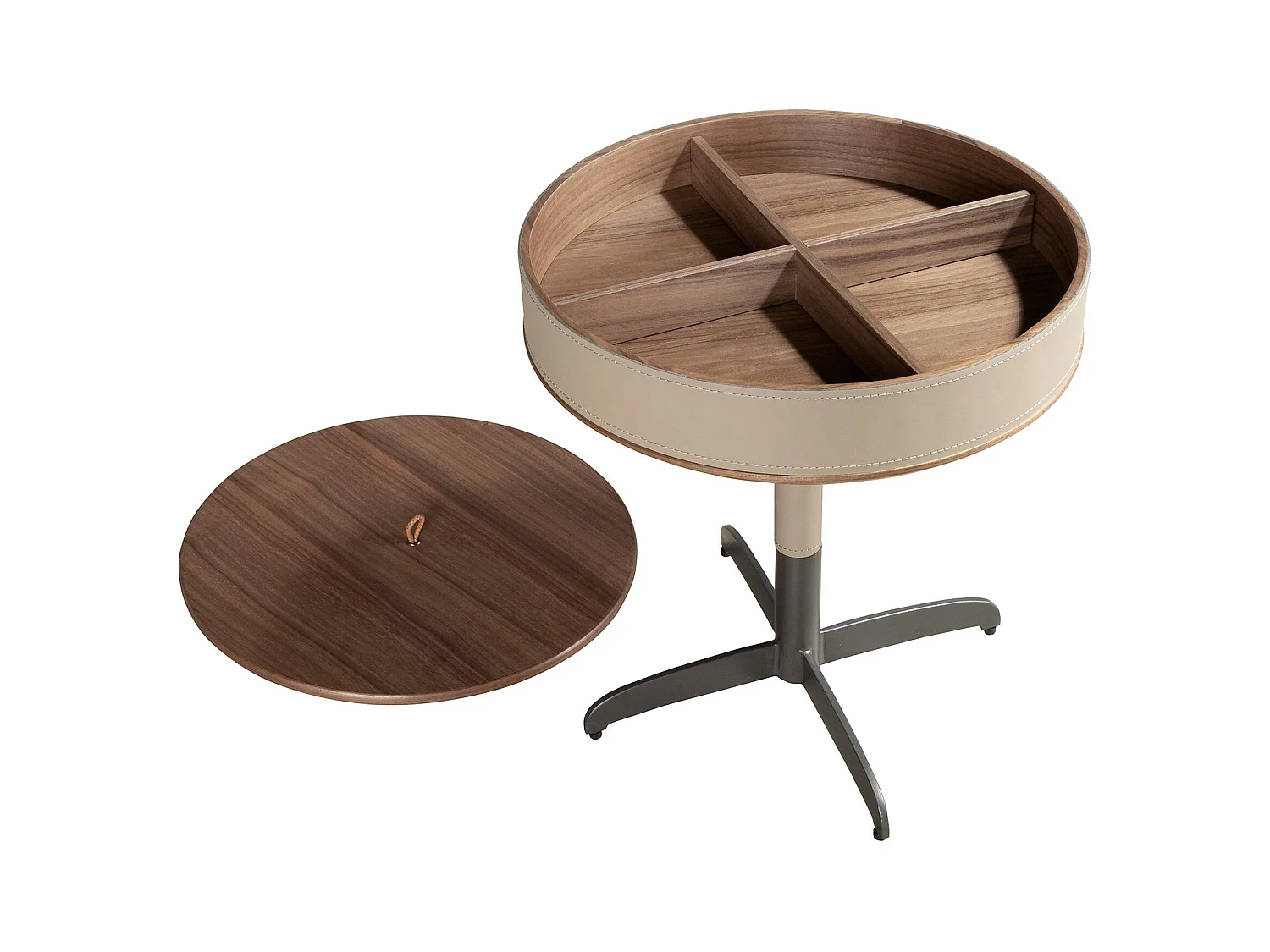 Runder Ecktisch Leder, Nussbaum und grauer Stahl 2156 ANGEL CERDA