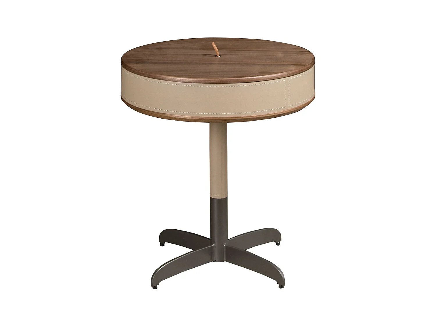 Ronde hoektafel leer, walnoot en grijs staal