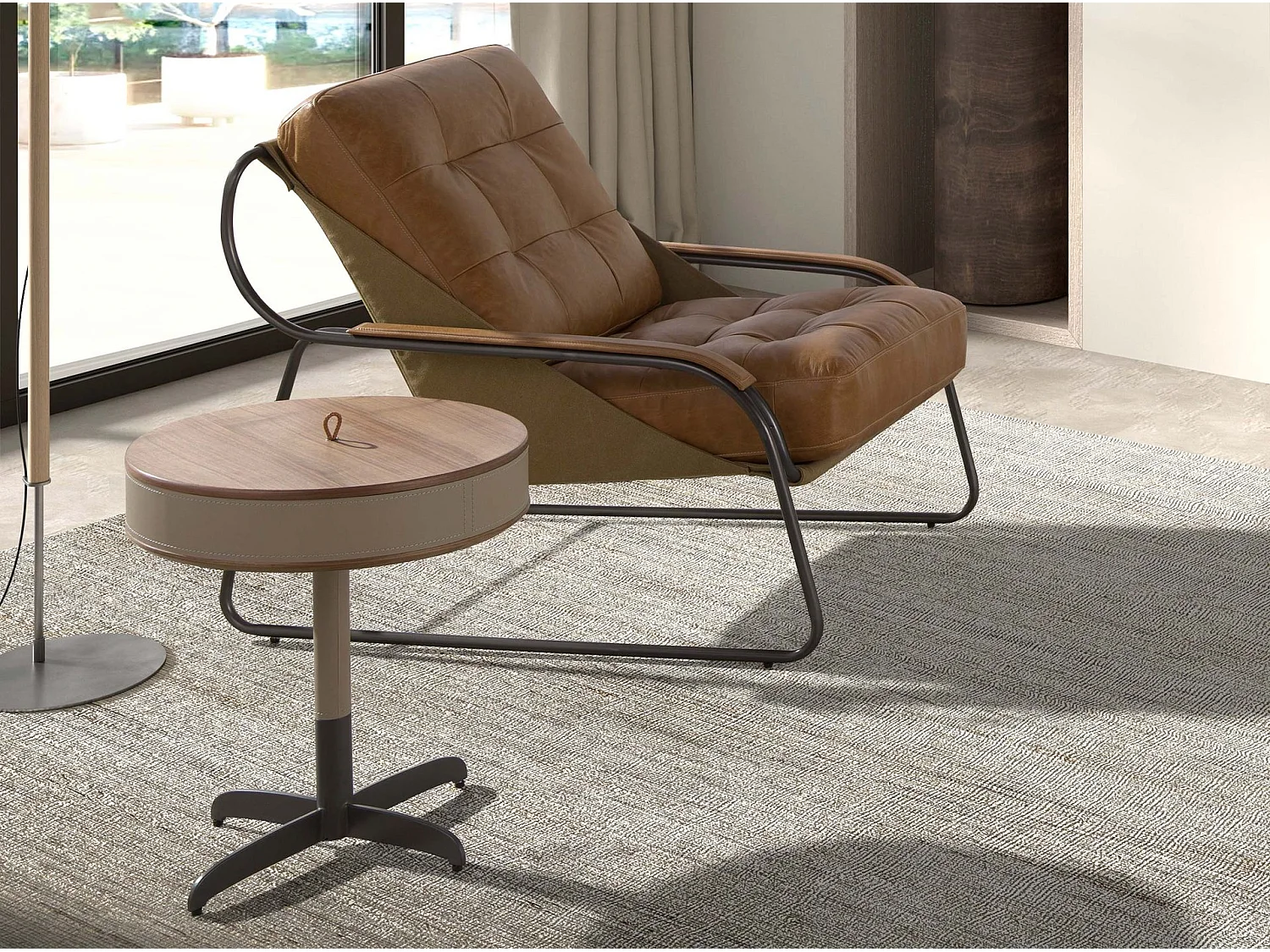 Ronde hoektafel van kunstleer, walnoot en grijs staal 2156 ANGEL CERDA