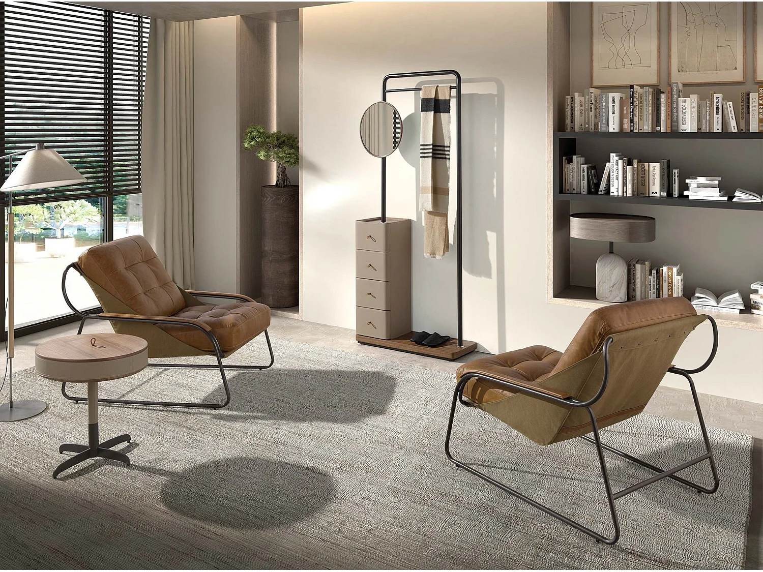 Ronde hoektafel van kunstleer, walnoot en grijs staal 2156 ANGEL CERDA