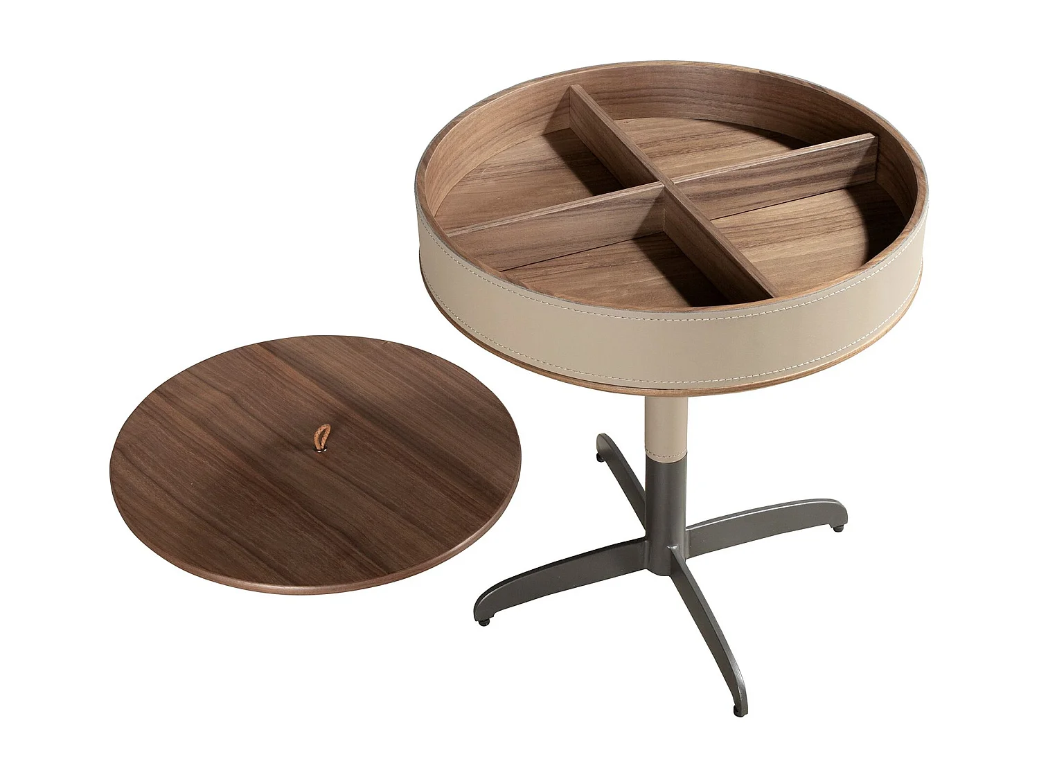 Ronde hoektafel van kunstleer, walnoot en grijs staal 2156 ANGEL CERDA