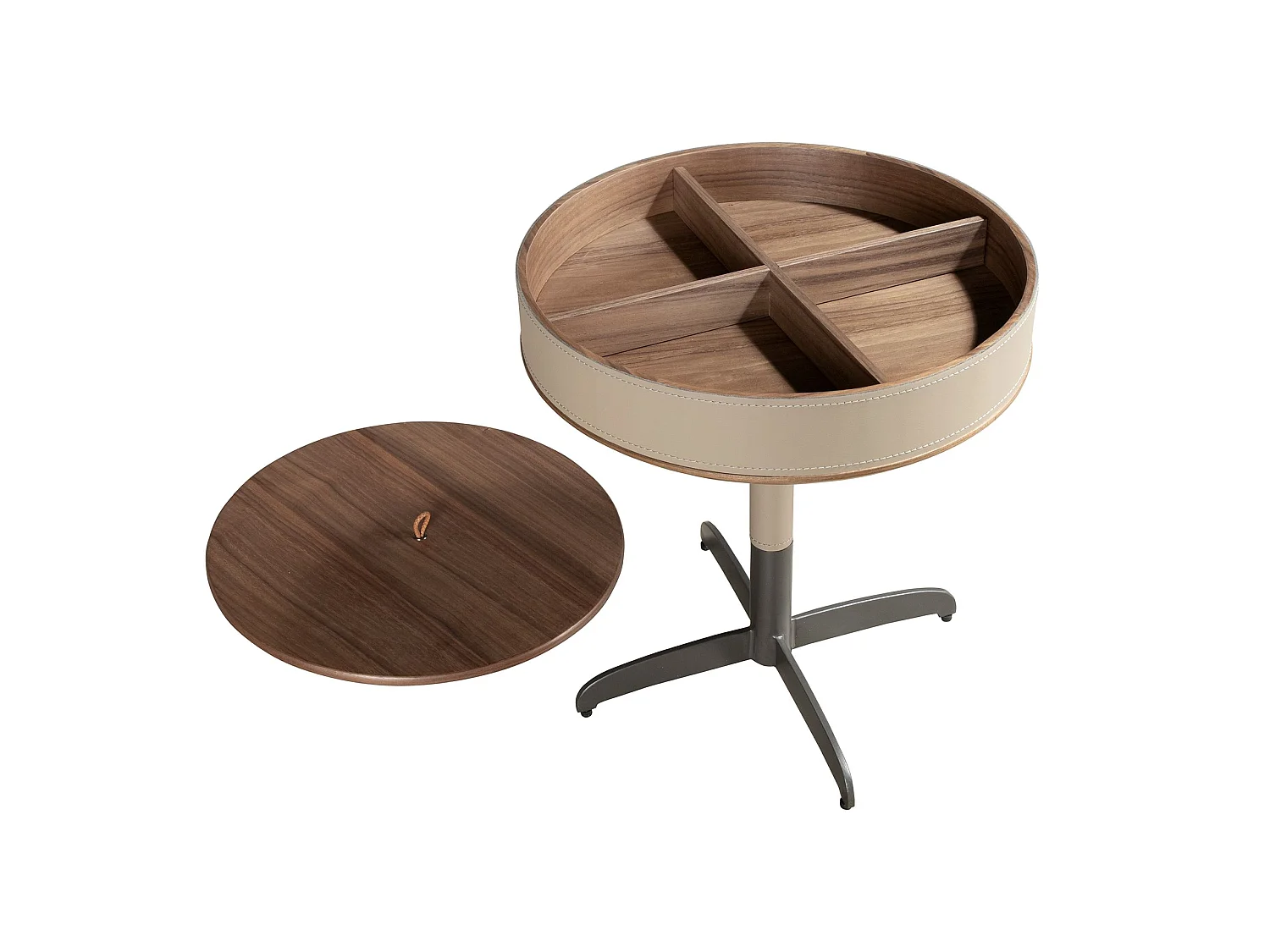 Runder Ecktisch Leder, Nussbaum und grauer Stahl 2156 ANGEL CERDA