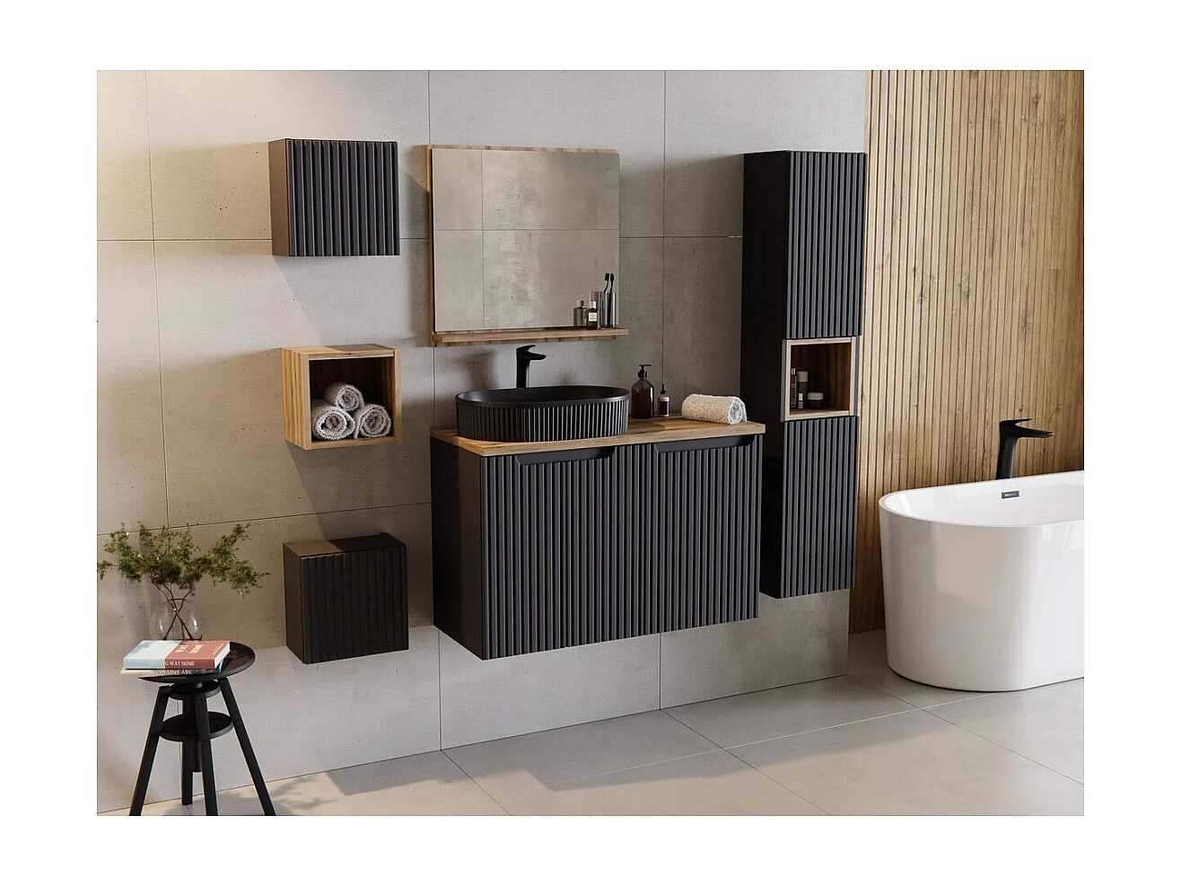 Mueble alto para baño VANO – 1 puerta – Negro mate – L30 × P18 × H30 cm – Para colgar