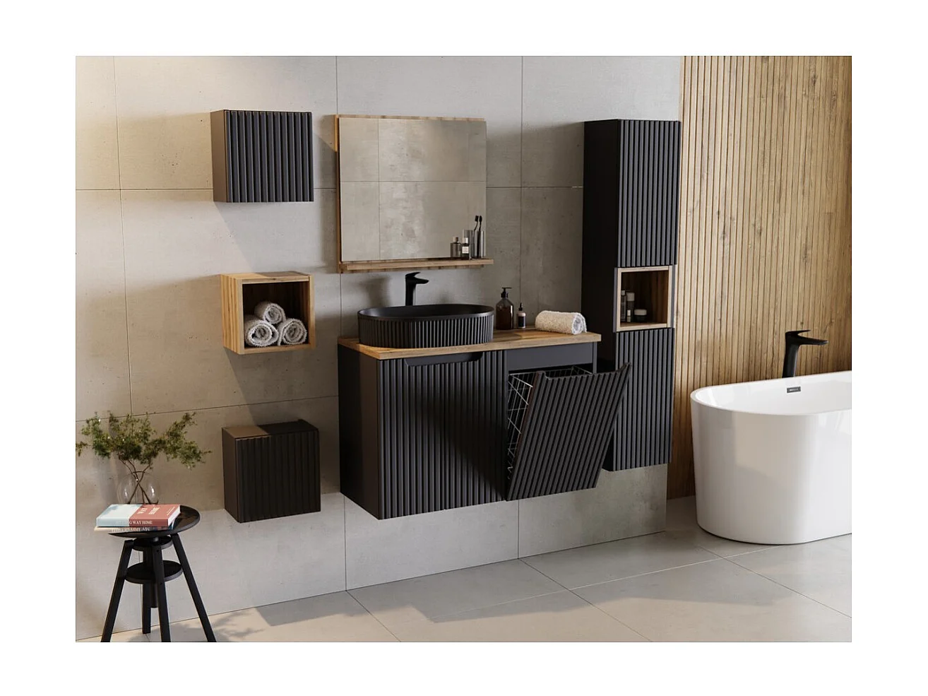 Mobile alto per il bagno VANO – 1 porta – Nero opaco – L30 × P18 × H30 cm – Da appendere
