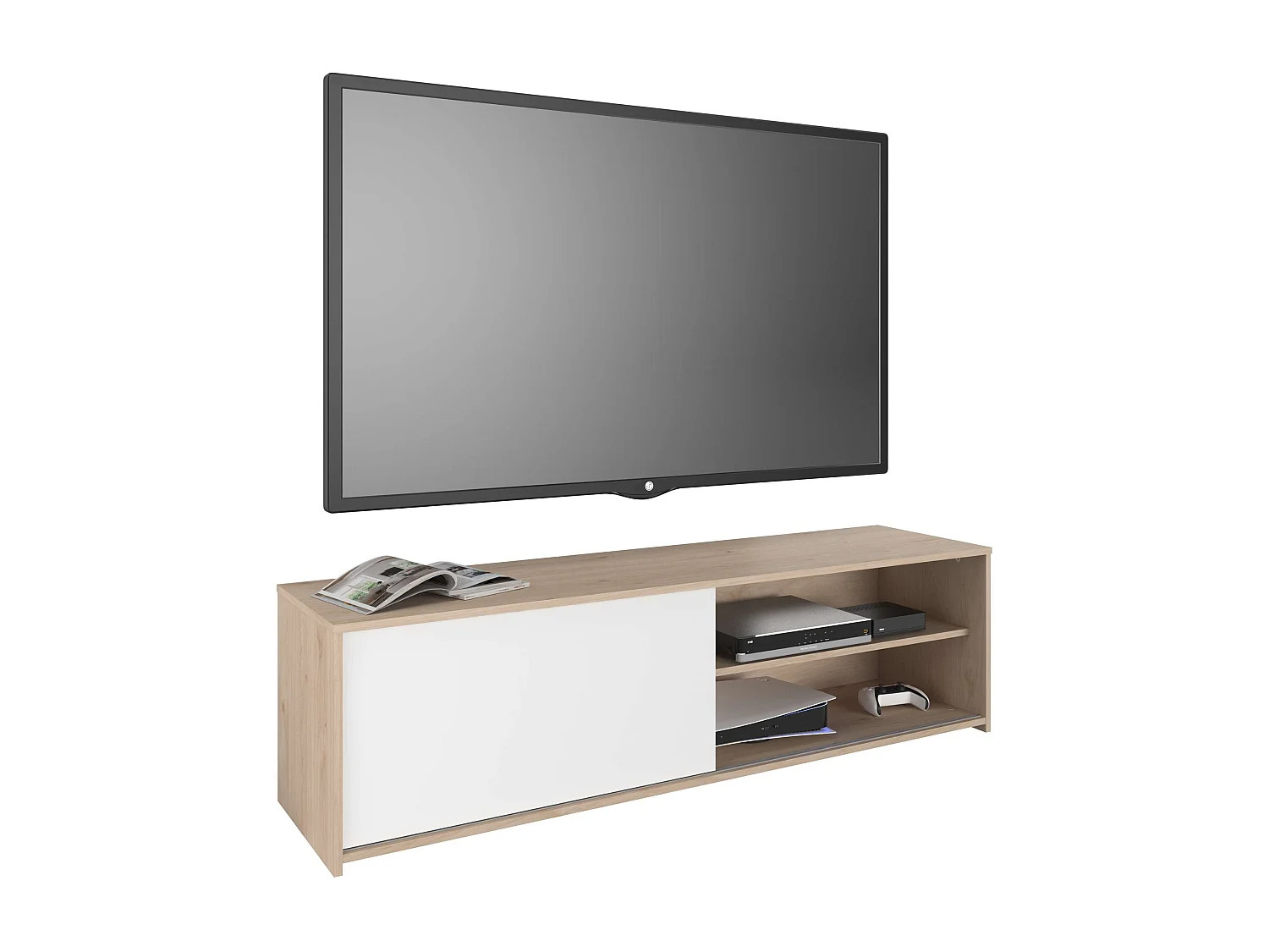 Meuble TV Trevo salon 1 porte coulissante Jackson chêne blanc 155x43x40 cm