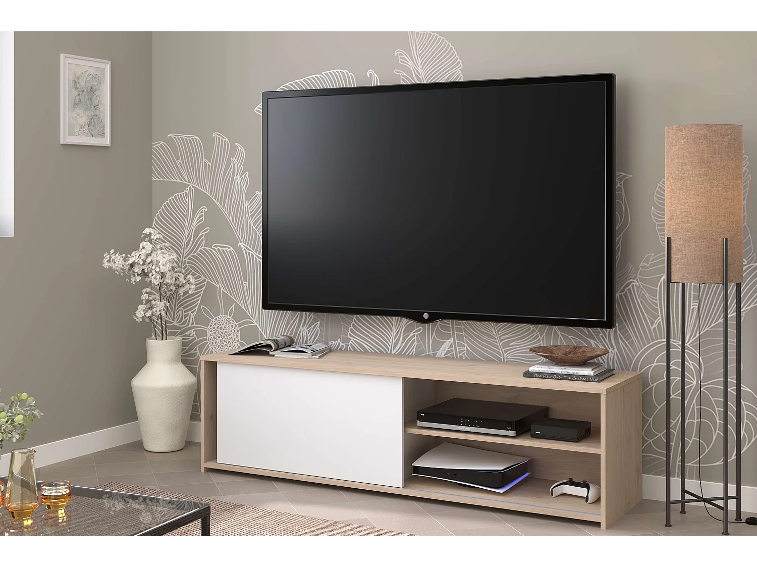Meuble TV Trevo salon 1 porte coulissante Jackson chêne blanc 155x43x40 cm