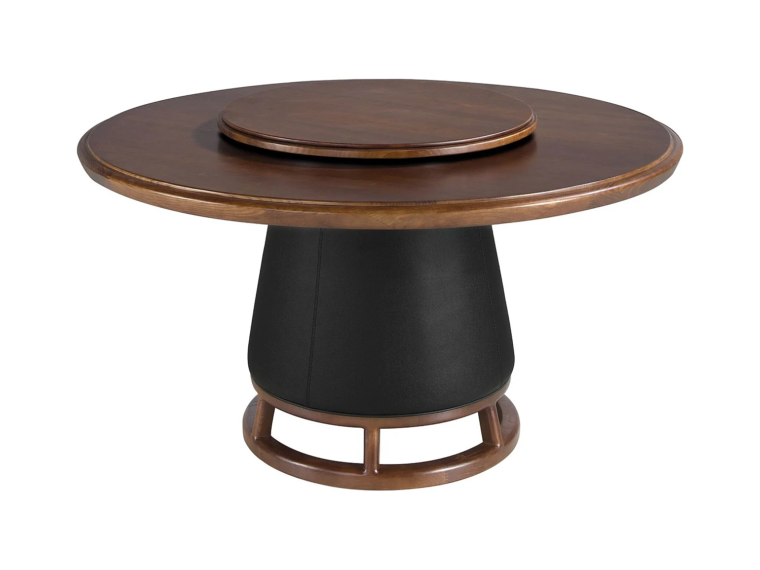 Ronde eettafel van donker notenhout en hout bekleed met kunstleer