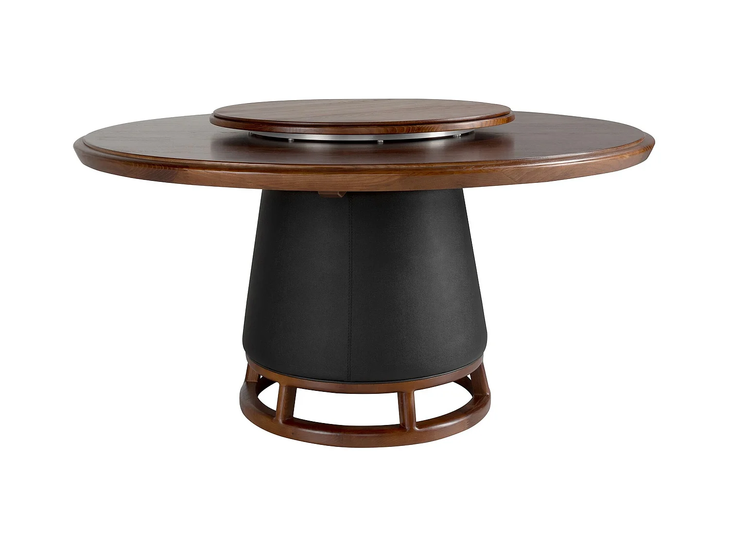 Ronde eettafel van donker notenhout en hout bekleed met kunstleer