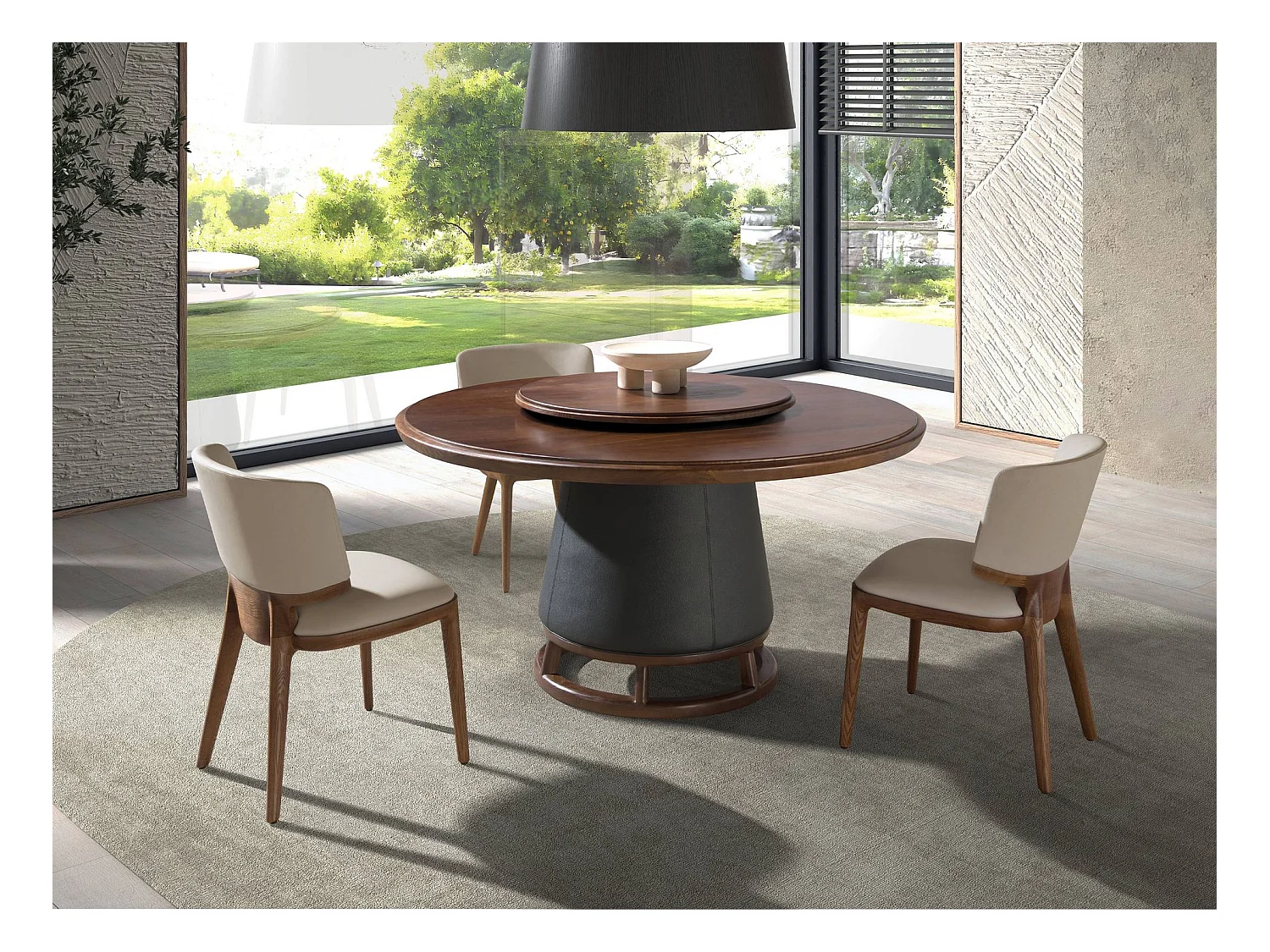 Ronde eettafel van donker notenhout en hout bekleed met kunstleer