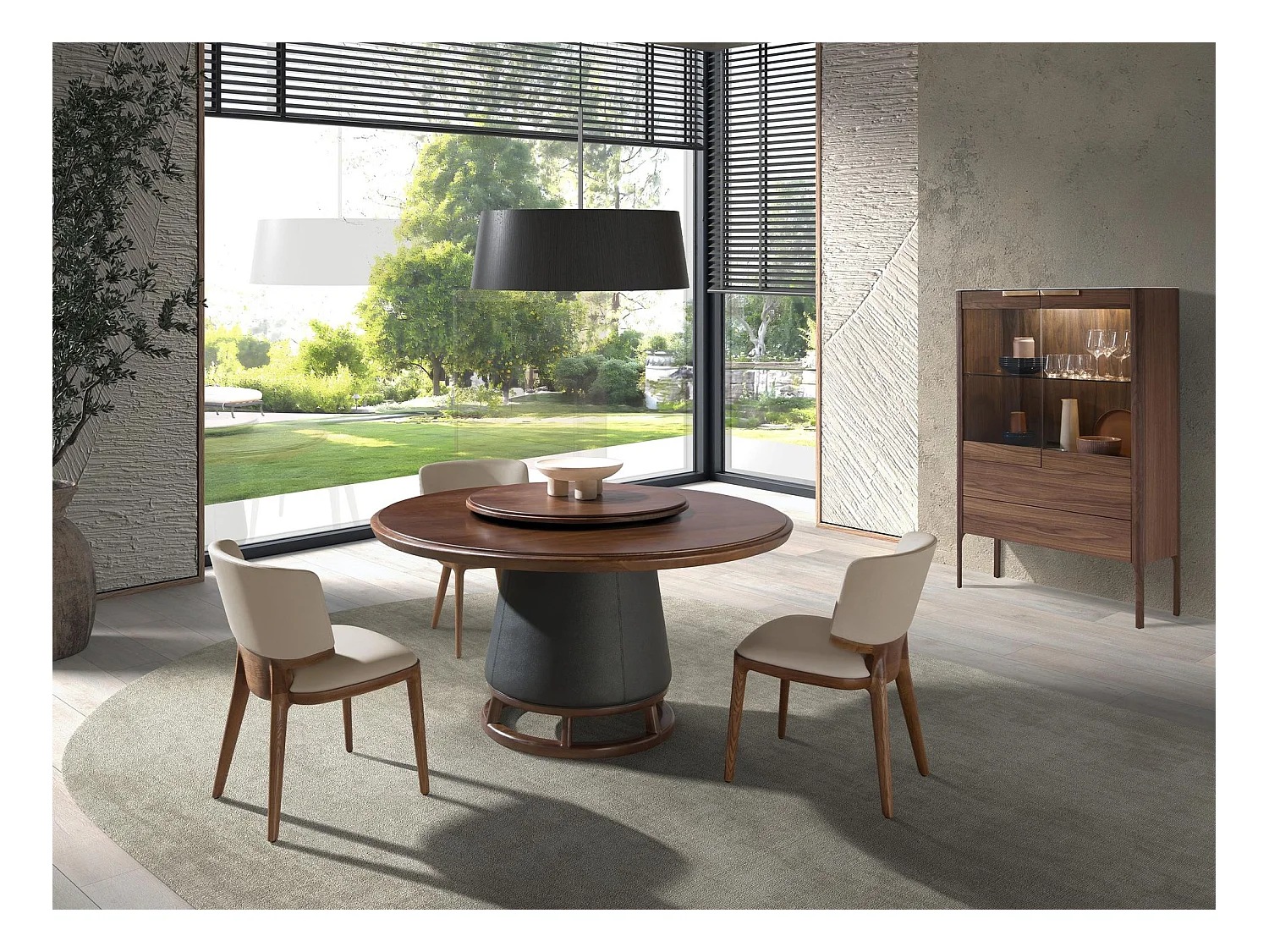 Ronde eettafel van donker notenhout en hout bekleed met kunstleer