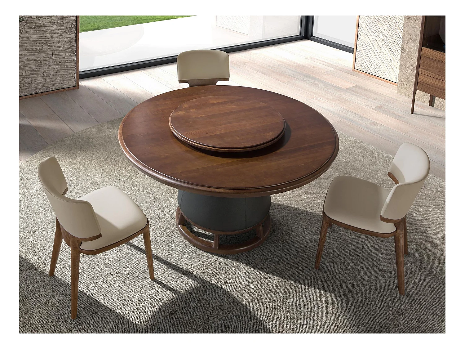 Ronde eettafel van donker notenhout en hout bekleed met kunstleer