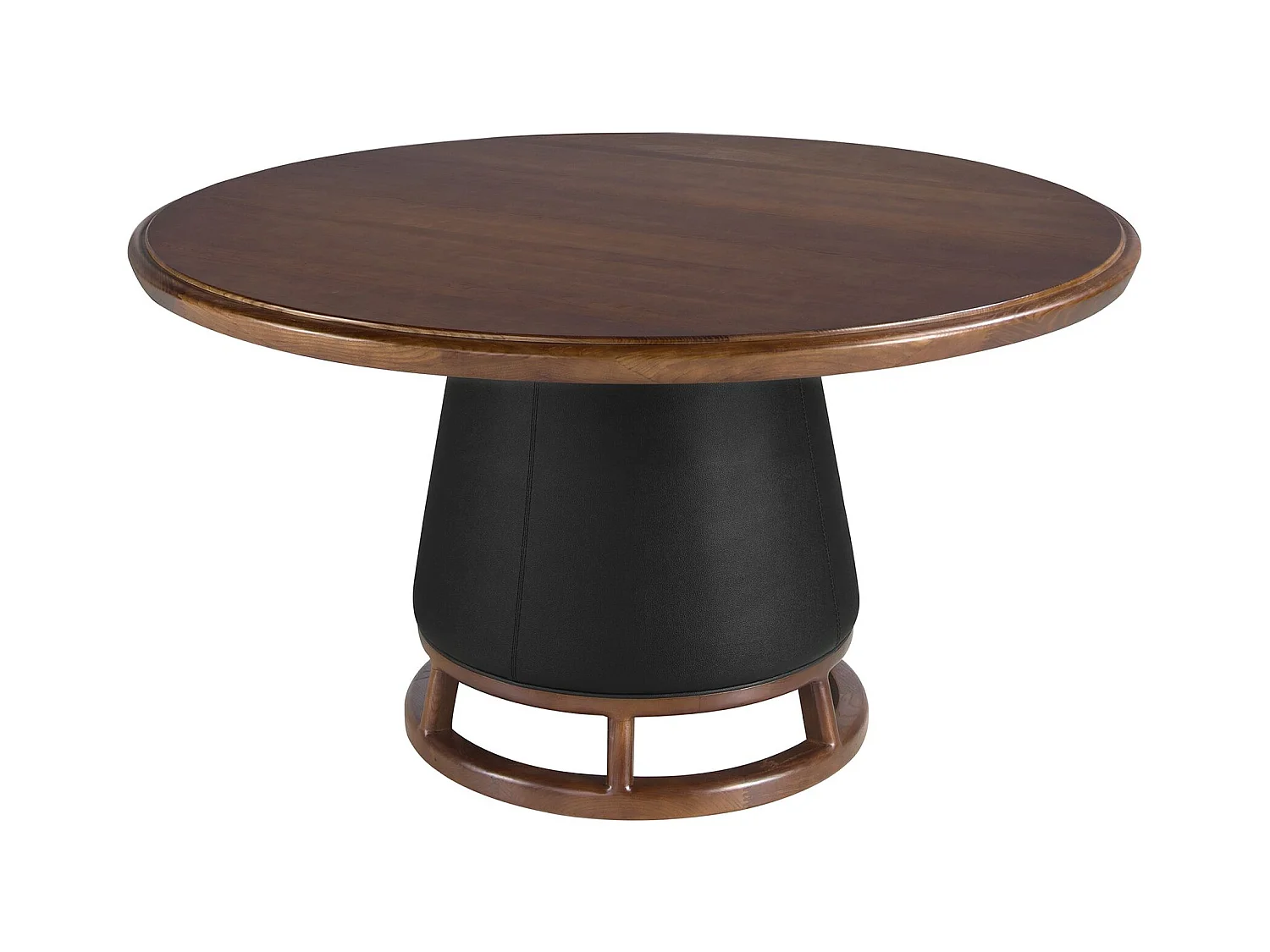 Ronde eettafel van donker notenhout en hout bekleed met kunstleer