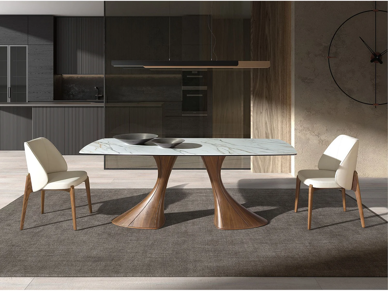 Table de salle à manger ovale en forme de tonneau, marbre en porcelaine et noyer 1174 ANGEL CERDA