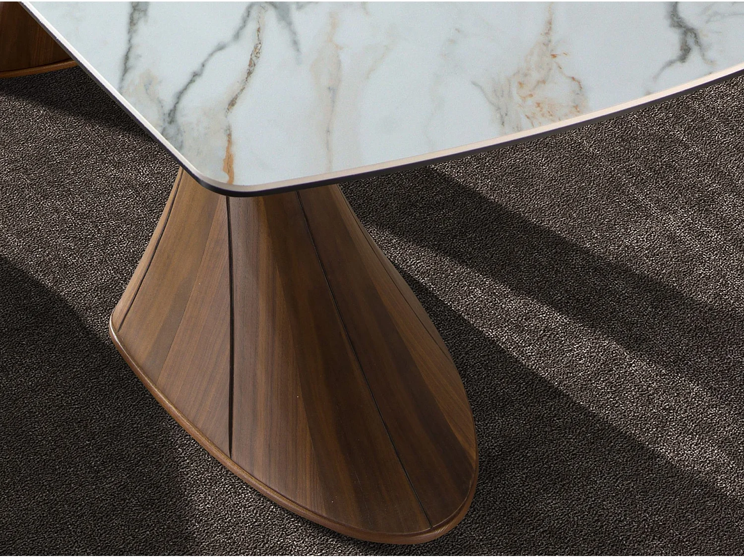 Table de salle à manger ovale en forme de tonneau, marbre en porcelaine et noyer 1174 ANGEL CERDA