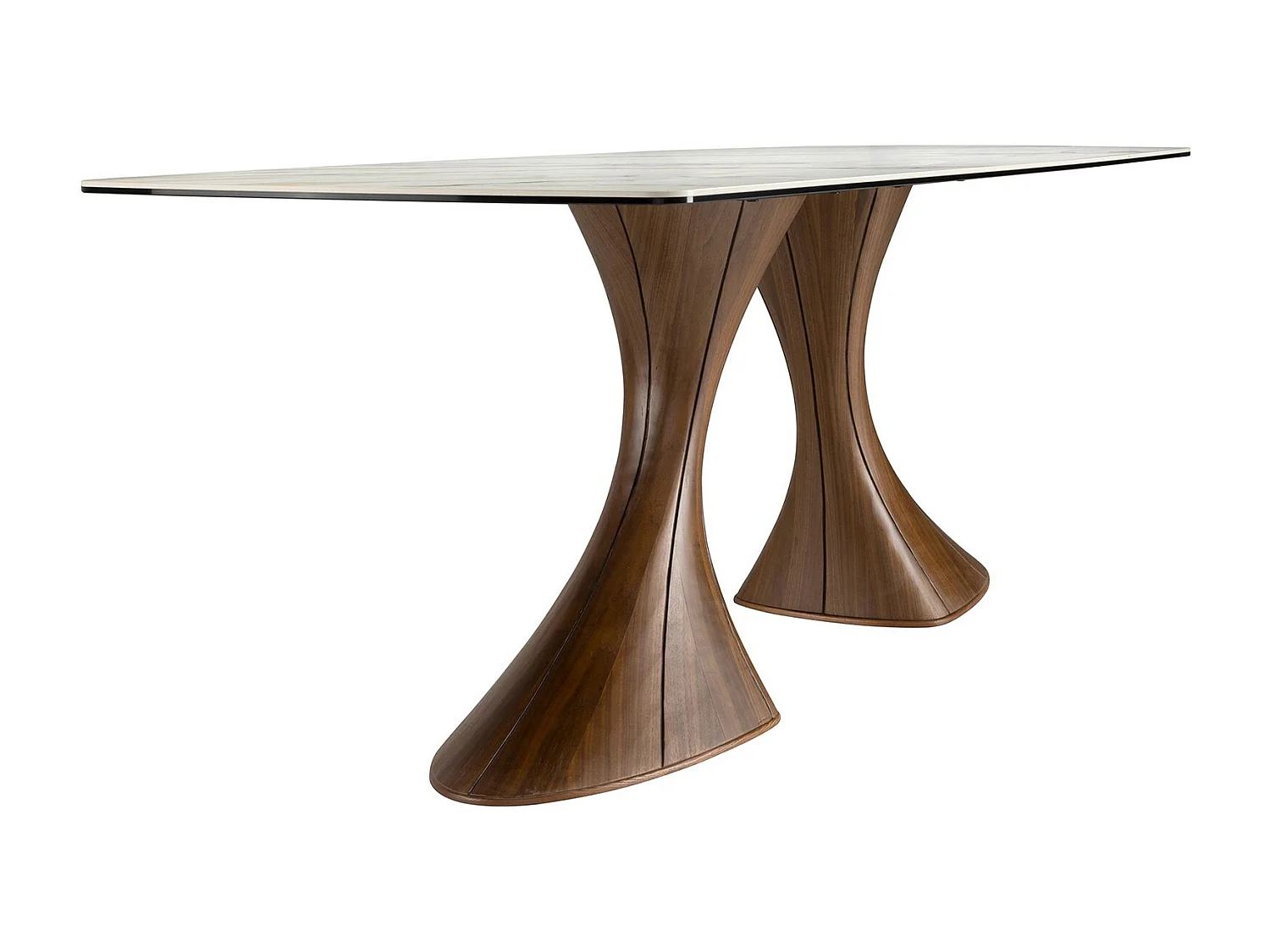 Table de salle à manger ovale en forme de tonneau, marbre en porcelaine et noyer 1174 ANGEL CERDA