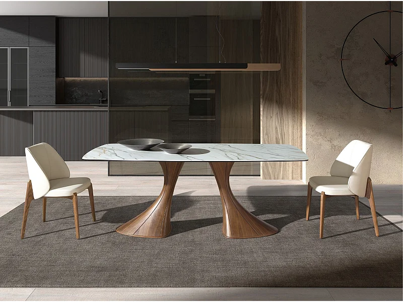 Table de salle à manger ovale en forme de tonneau, marbre en porcelaine et noyer 1174 ANGEL CERDA