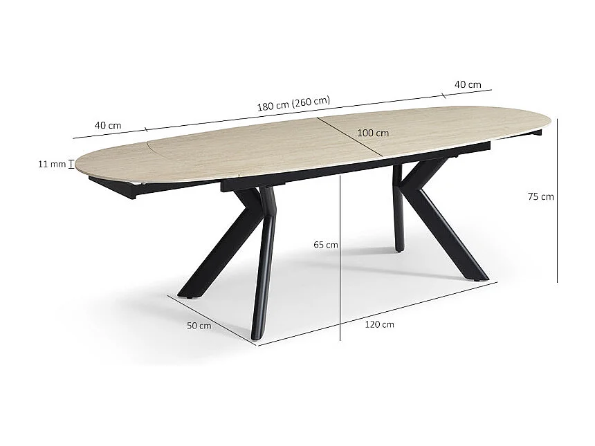Table extensible 180 à 260 cm ovale céramique effet travertin - KITE