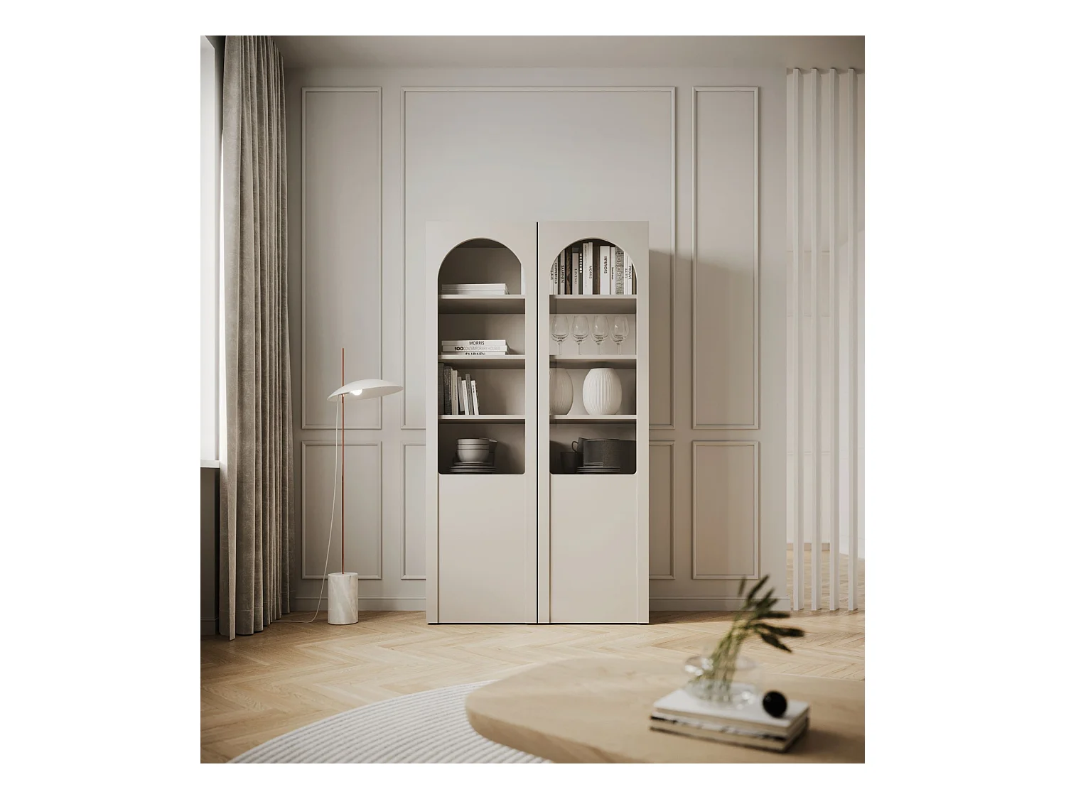 Vitrine avec portes cintrées et façades en verre – Gris cachemire – 100 cm – ARKADIA