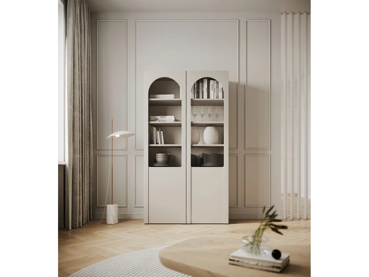 Vitrine avec portes cintrées et façades en verre – Gris cachemire – 100 cm – ARKADIA