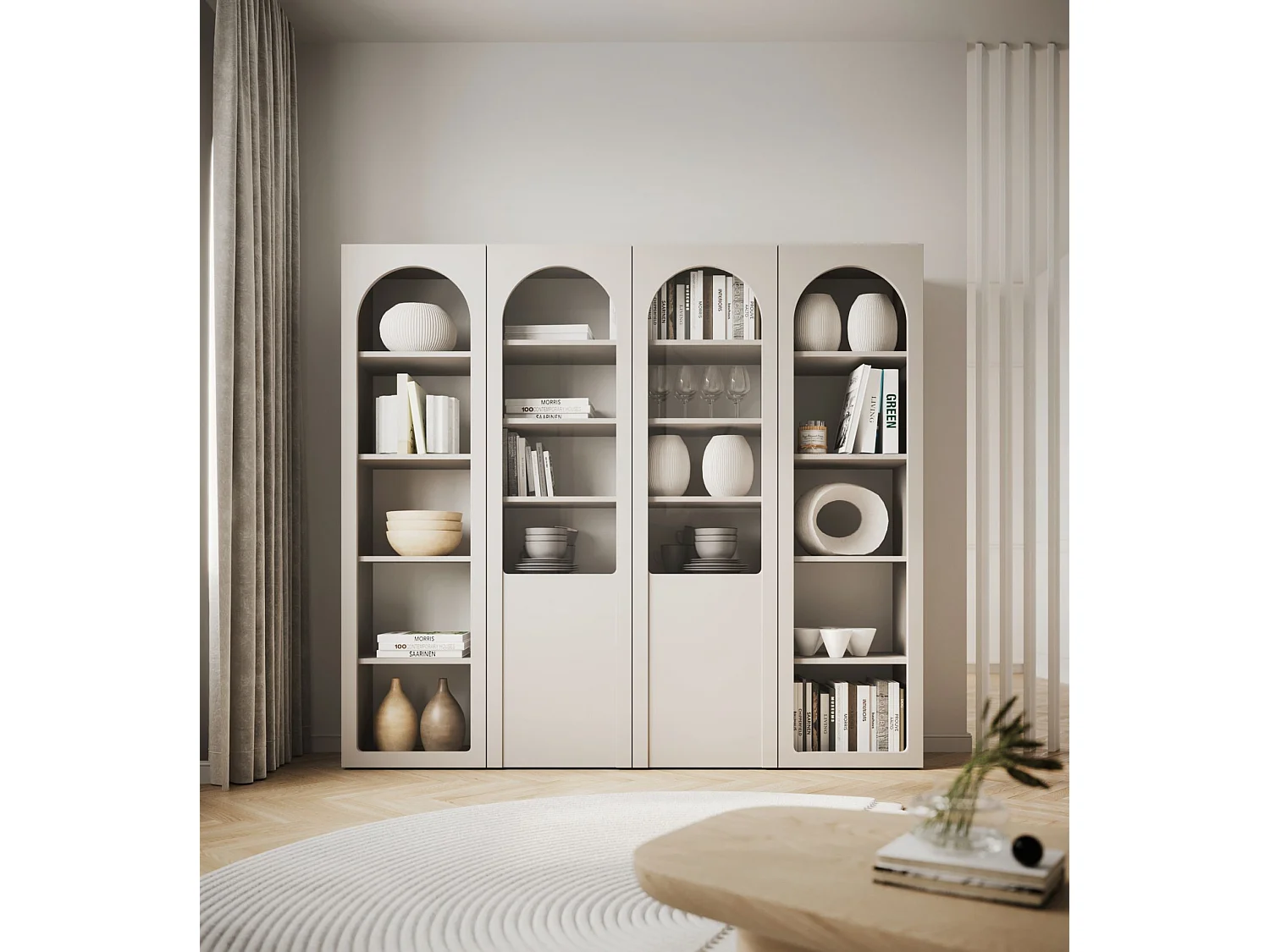 Vitrine avec portes cintrées et façades en verre – Gris cachemire – 100 cm – ARKADIA