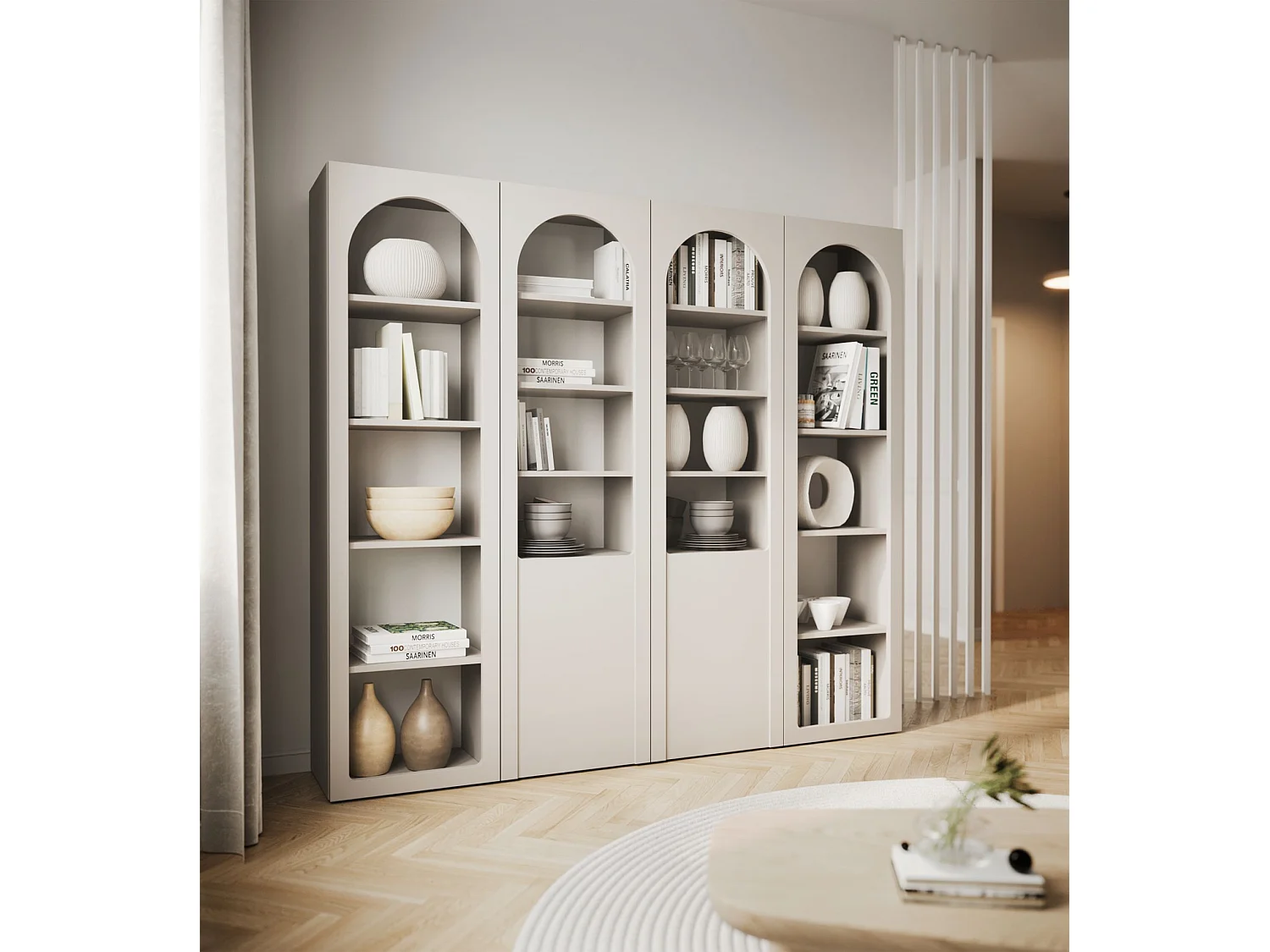 Vitrine avec portes cintrées et façades en verre – Gris cachemire – 100 cm – ARKADIA