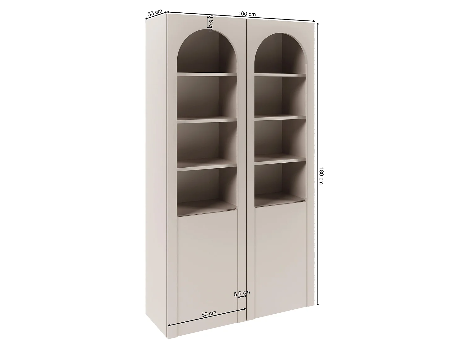 Vitrine avec portes cintrées et façades en verre – Gris cachemire – 100 cm – ARKADIA