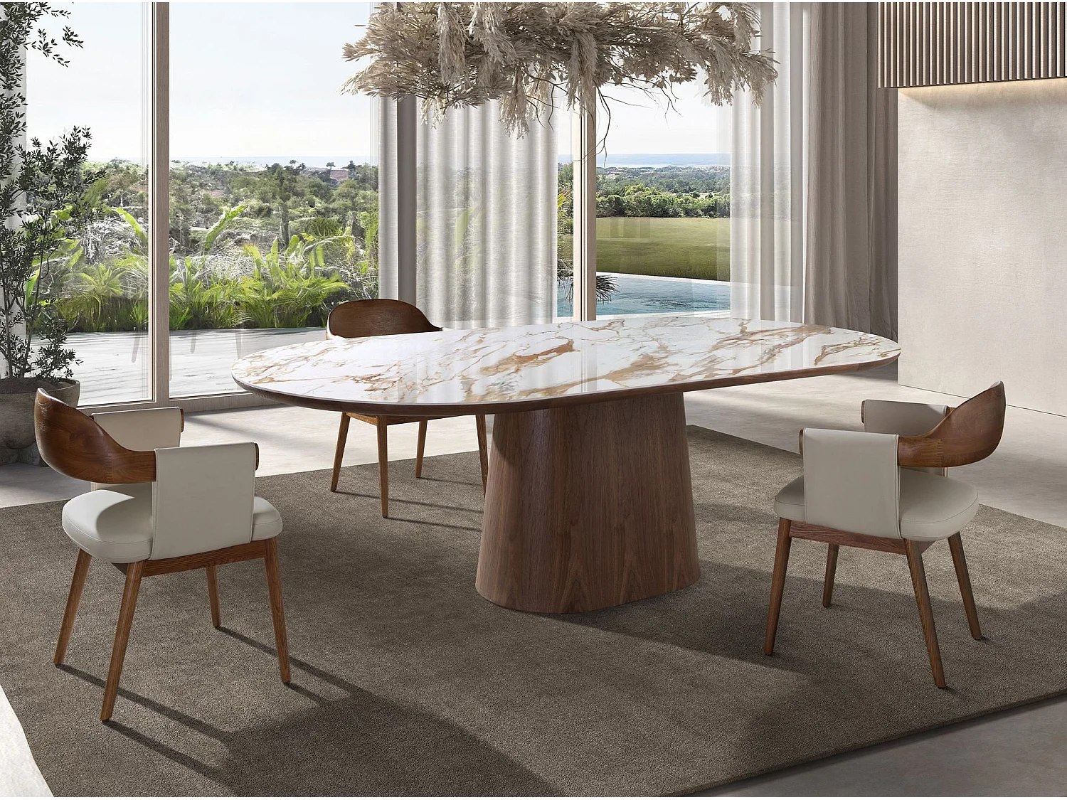 Mesa de jantar oval de meia volta em mármore de porcelana e nogueira 1173 ANGEL CERDA