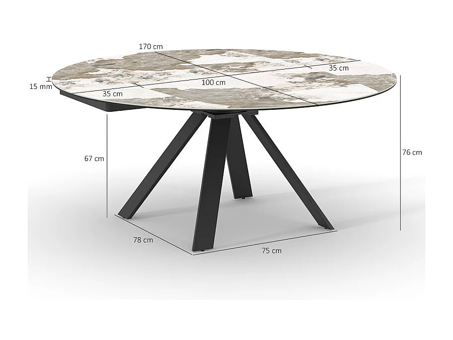 Table extensible ronde 100 à 170 cm céramique marbré - PATAGONIA