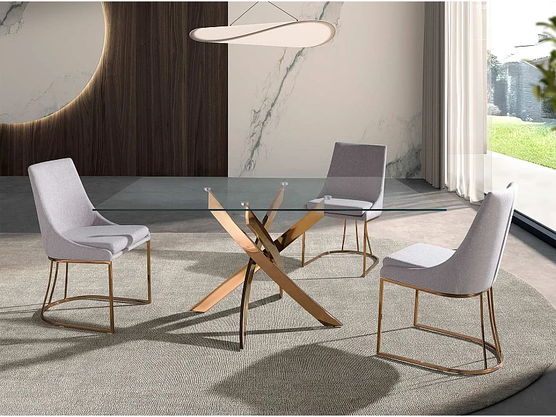 Rechteckiger Esstisch aus gehärtetem Glas und rosa Stahl 1169-140x95 ANGEL CERDA