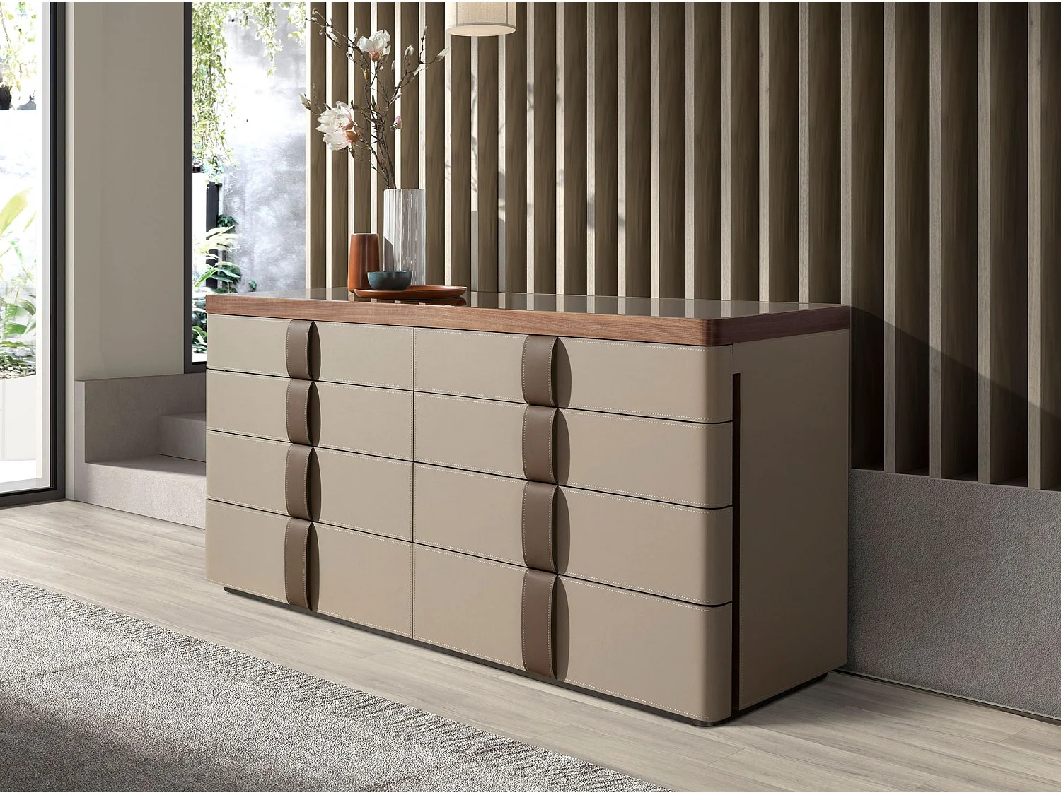 Komoda z imitacji skóry, orzech, podstawa ze stali polerowanej i blat z brązowego szkła dymionego 7203 ANGEL CERDA