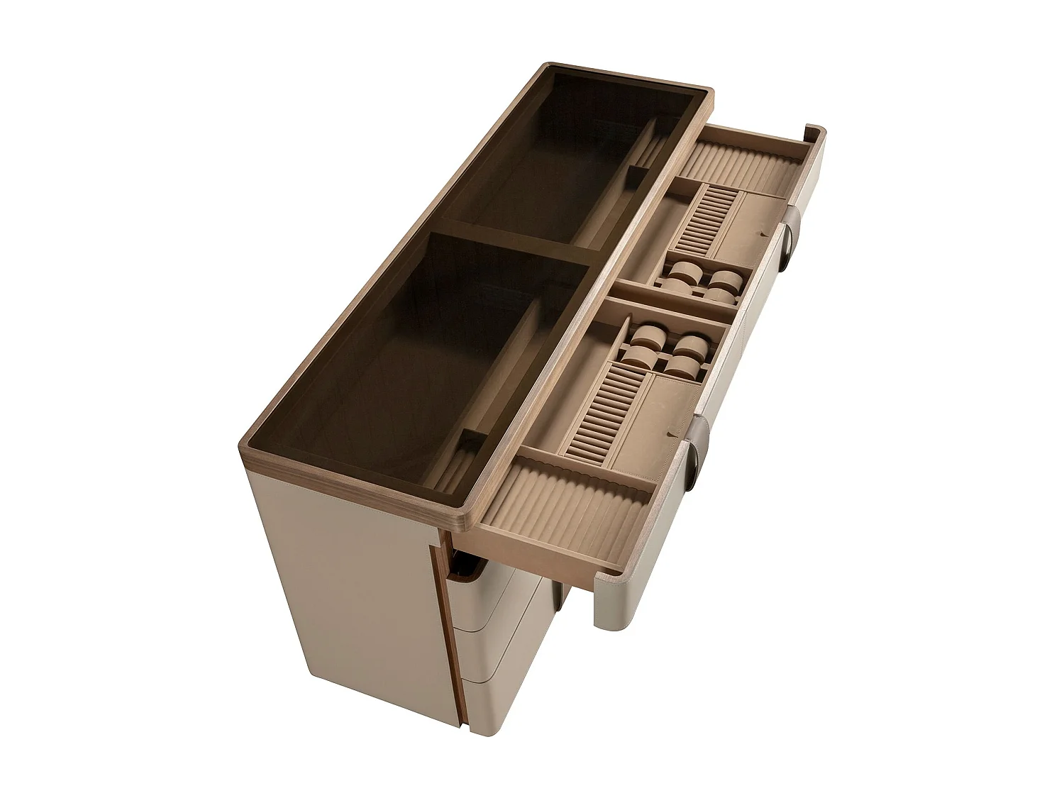 Komoda z imitacji skóry, orzech, podstawa ze stali polerowanej i blat z brązowego szkła dymionego 7203 ANGEL CERDA