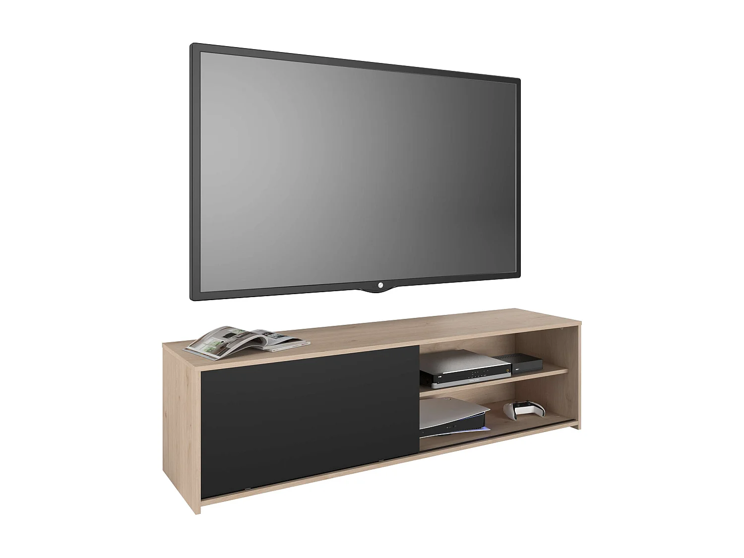 Meuble TV de salon Trevo avec portes coulissantes, noir et chêne Jackson, 155 x 43 x 40 cm