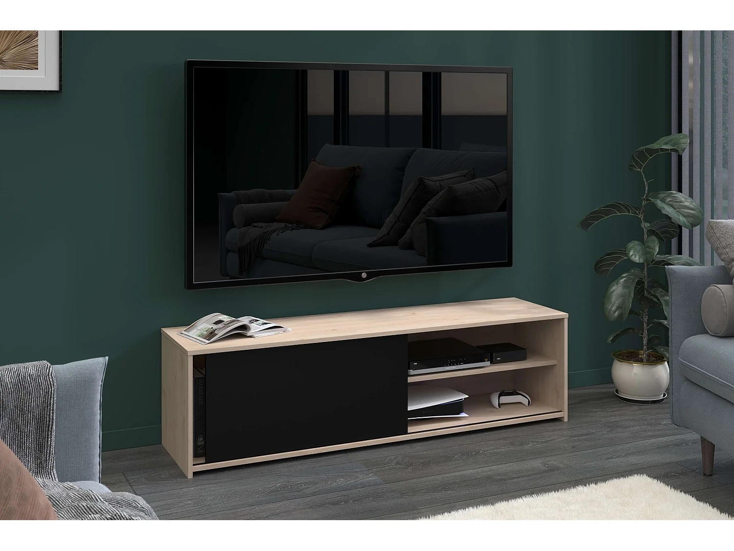 Meuble TV de salon Trevo avec portes coulissantes, noir et chêne Jackson, 155 x 43 x 40 cm