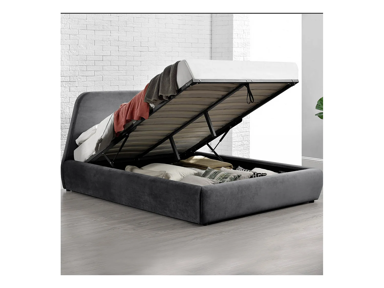 Lit coffre - 140x190 cm - Velours gris NORKA