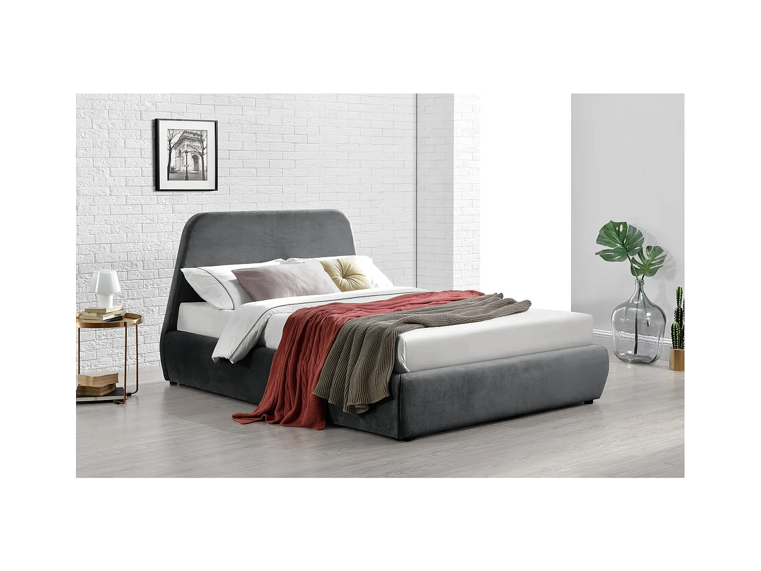 Lit coffre - 140x190 cm - Velours gris NORKA