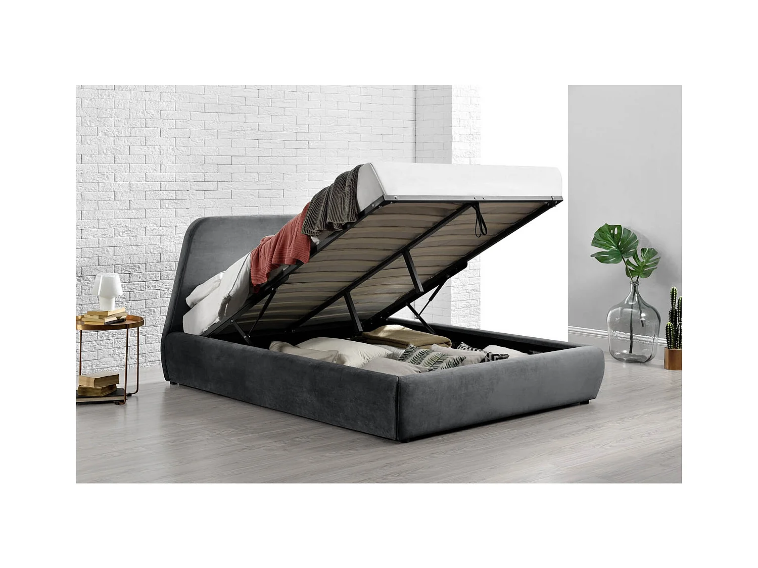 Lit coffre - 140x190 cm - Velours gris NORKA