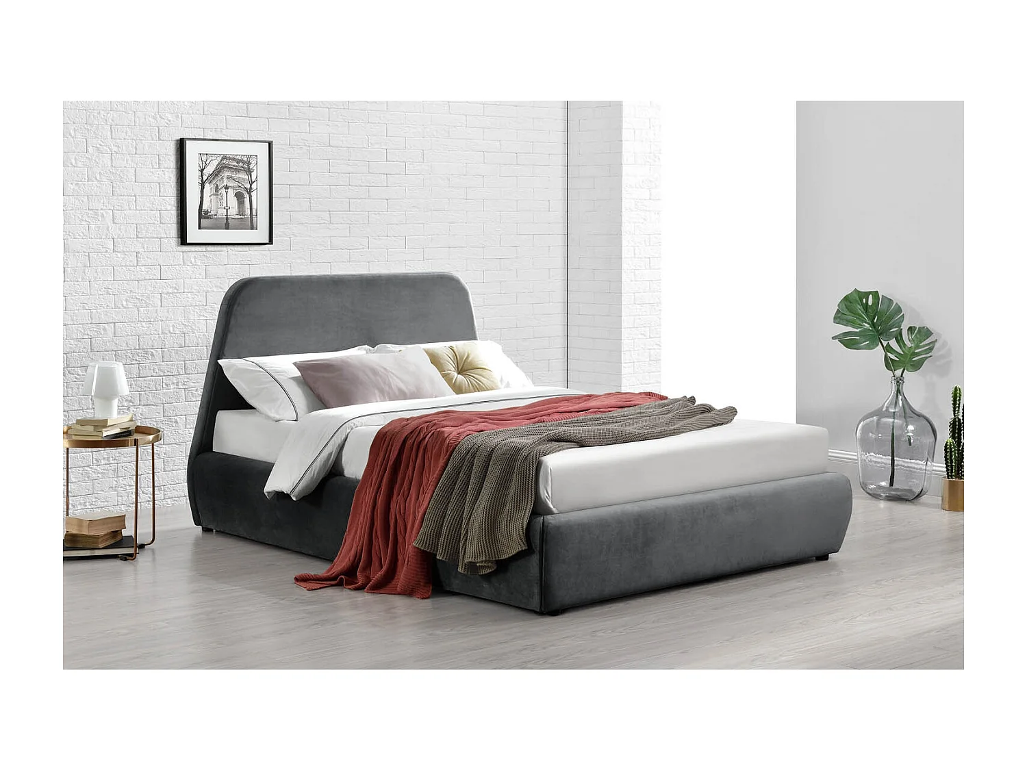 Lit coffre - 140x190 cm - Velours gris NORKA