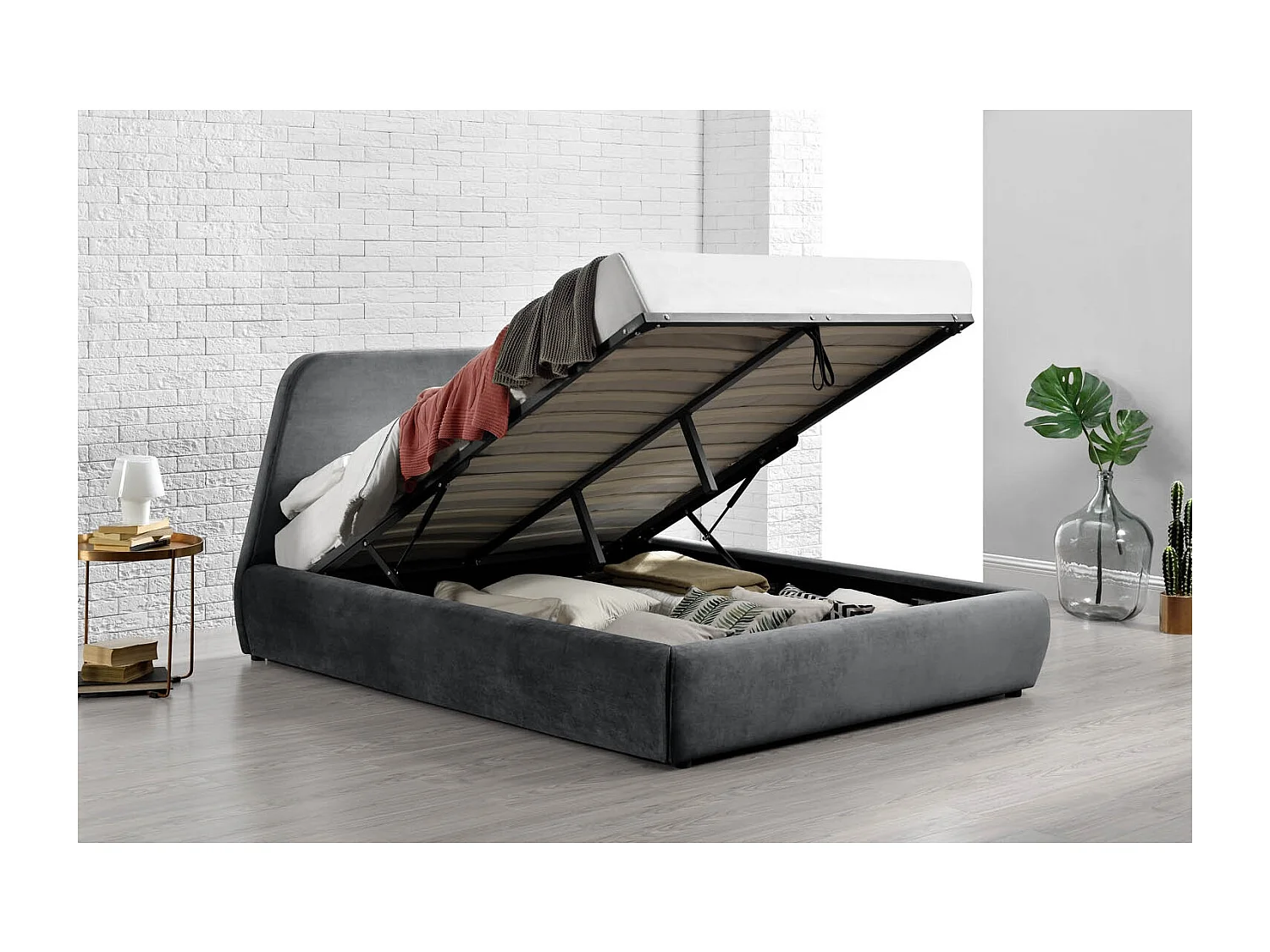 Lit coffre - 140x190 cm - Velours gris NORKA
