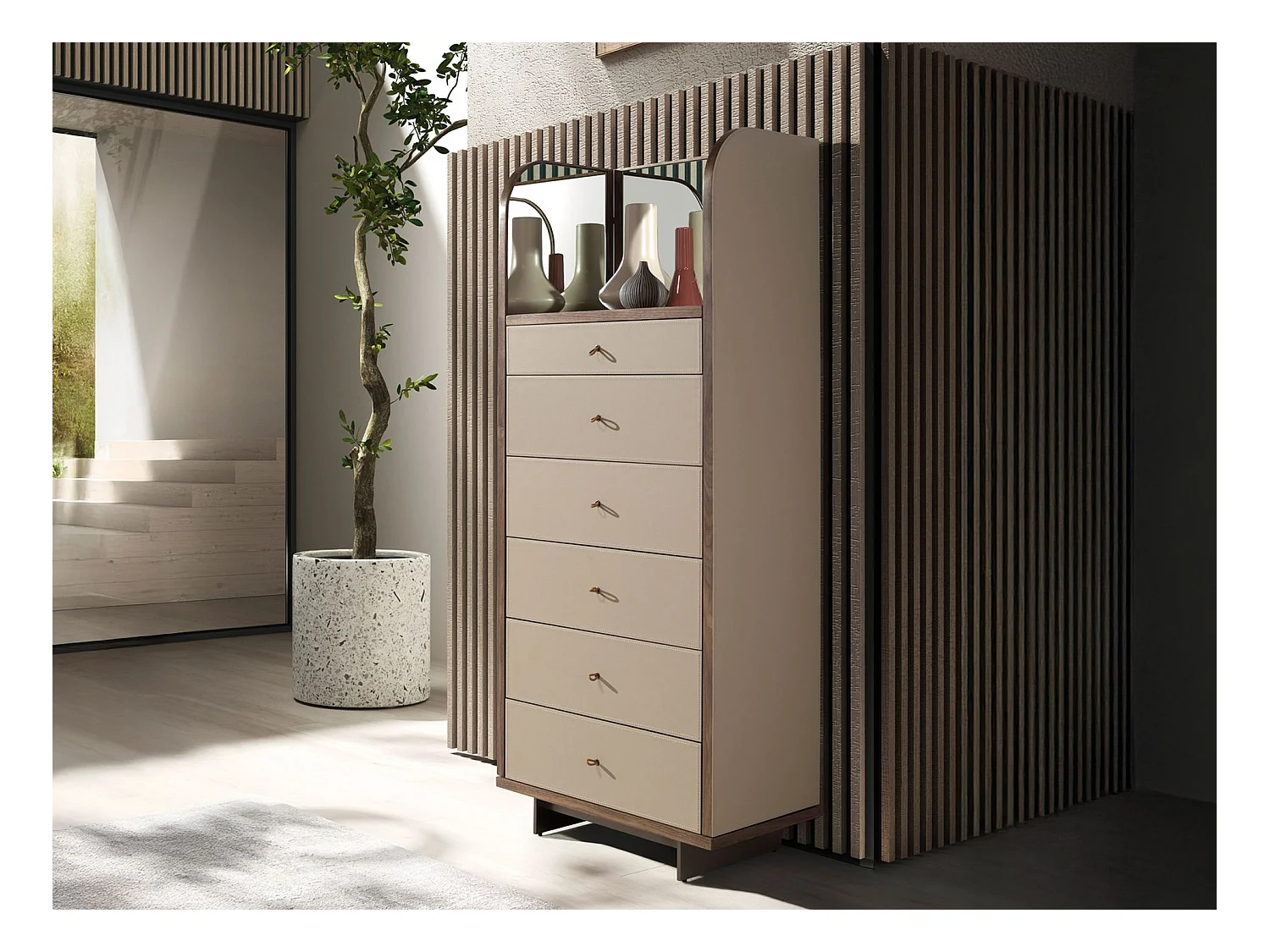 Chifonier Leder, Nussbaum und polierter Stahl mit Spiegel 7206 ANGEL CERDA